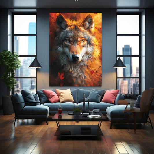 Majestic Wolf Wall Art — digital canvas print in orange tones, view 3