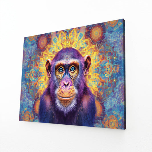 Mandala Purple Bloom Monkey Canvas – angled canvas view on white background