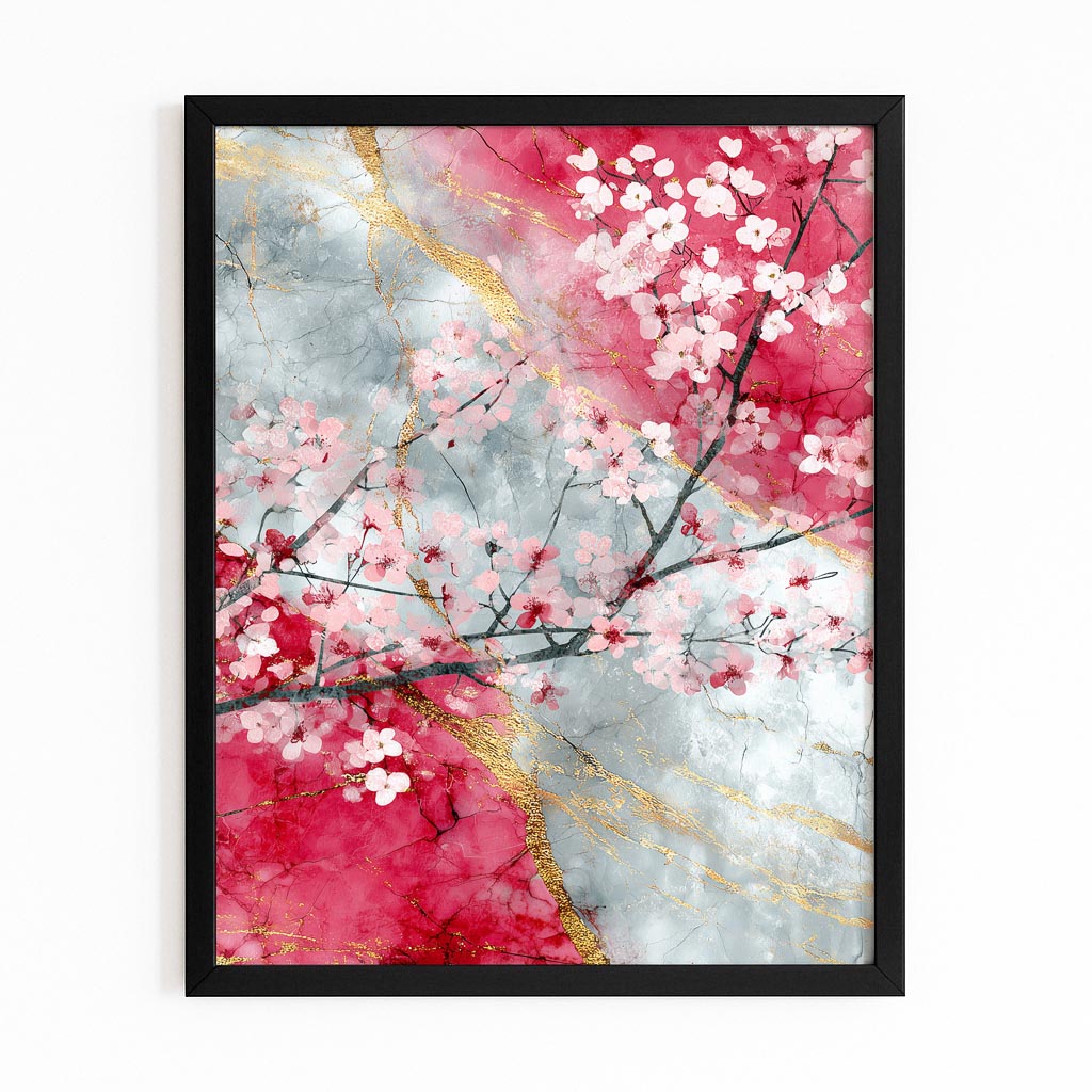 Marble Branch Study Cherry Blossom Prints – with Premium Black frame on white background