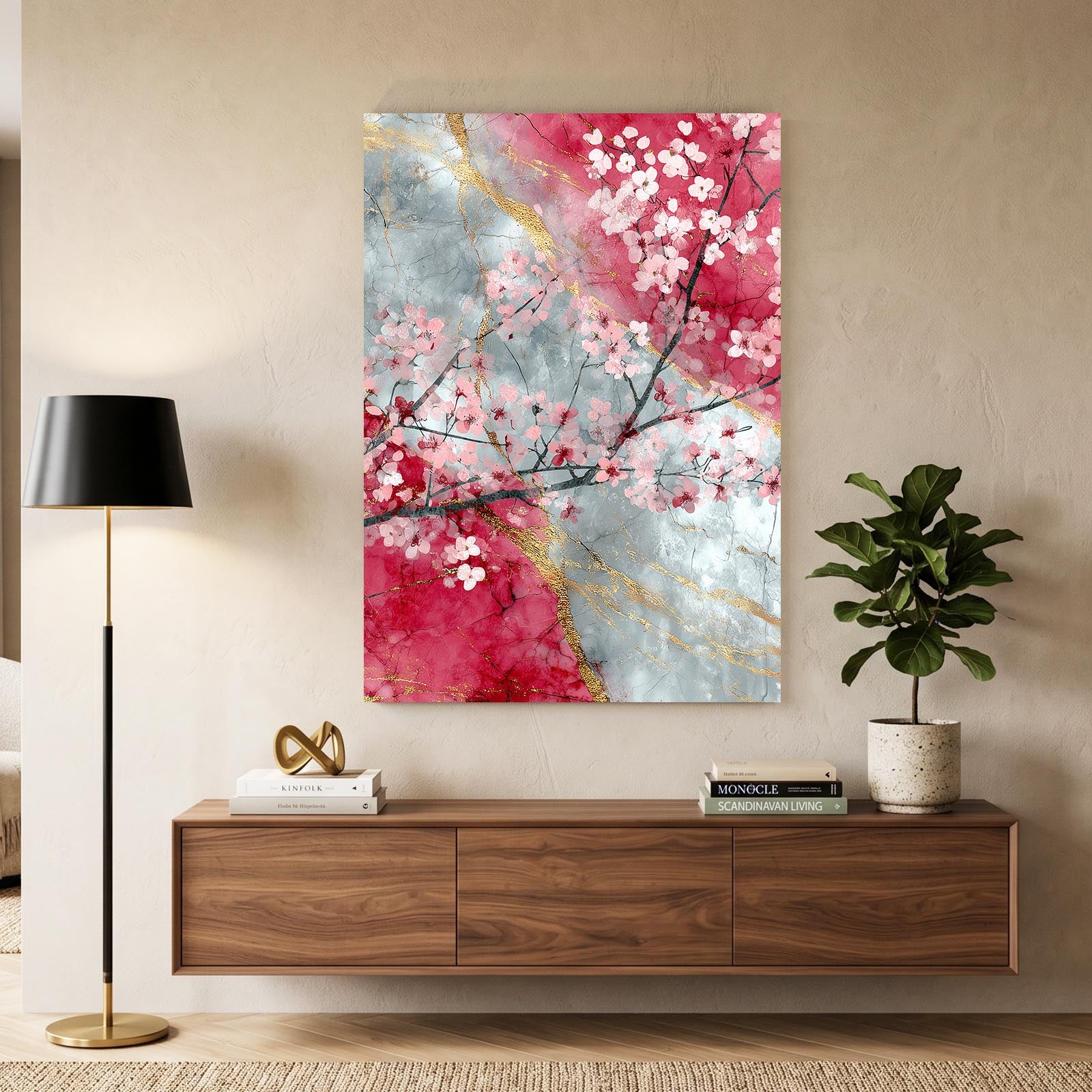 Marble Branch Study Cherry Blossom Prints – styled in a furnished interior