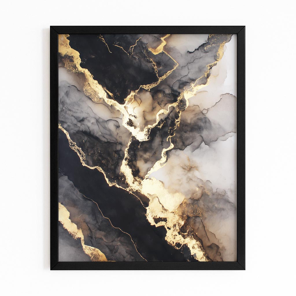 Marble Gold Fracture Wall Art – with Premium Black frame on white background