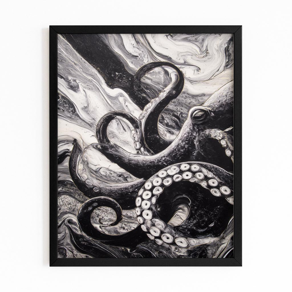 Marble Swirl Octopus Wall Art – with Premium Black frame on white background