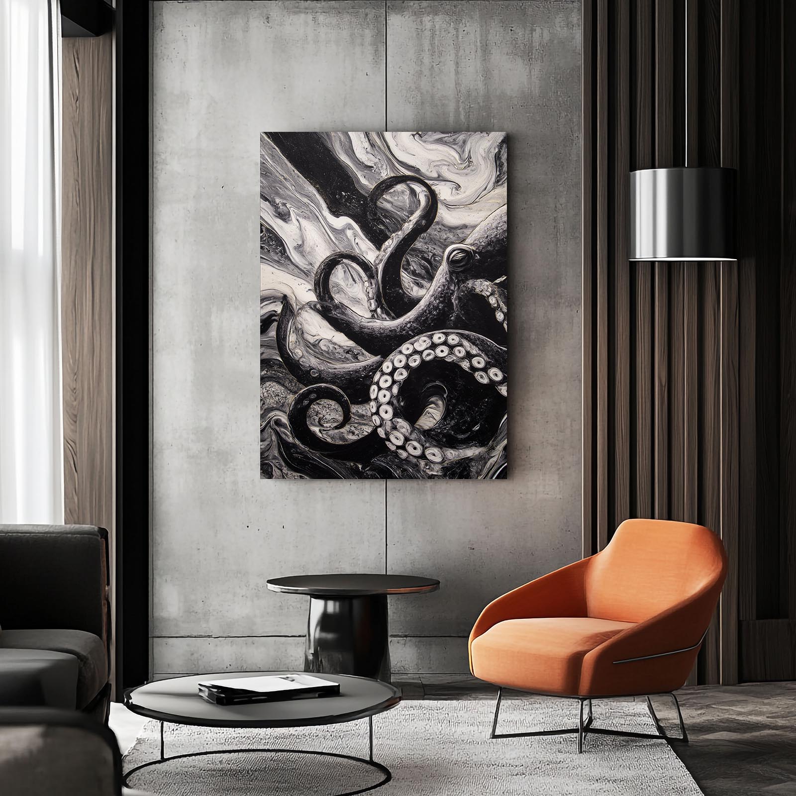 Marble Swirl Octopus Wall Art – styled in a furnished interior