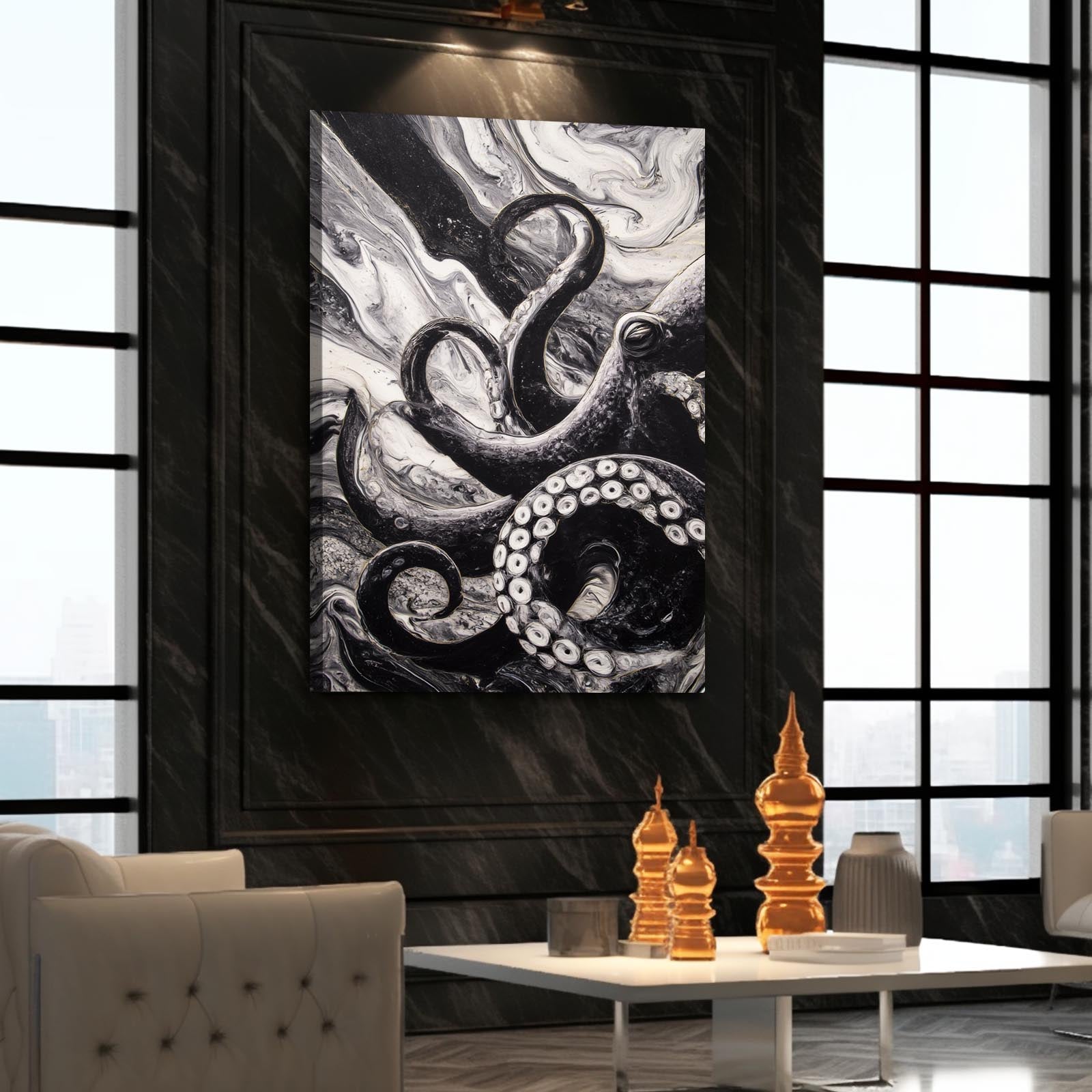 Marble Swirl Octopus Wall Art – styled in a furnished interior