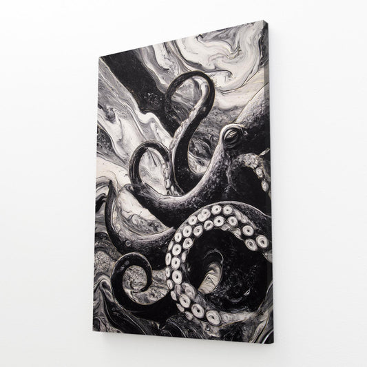 Marble Swirl Octopus Wall Art – angled canvas view on white background