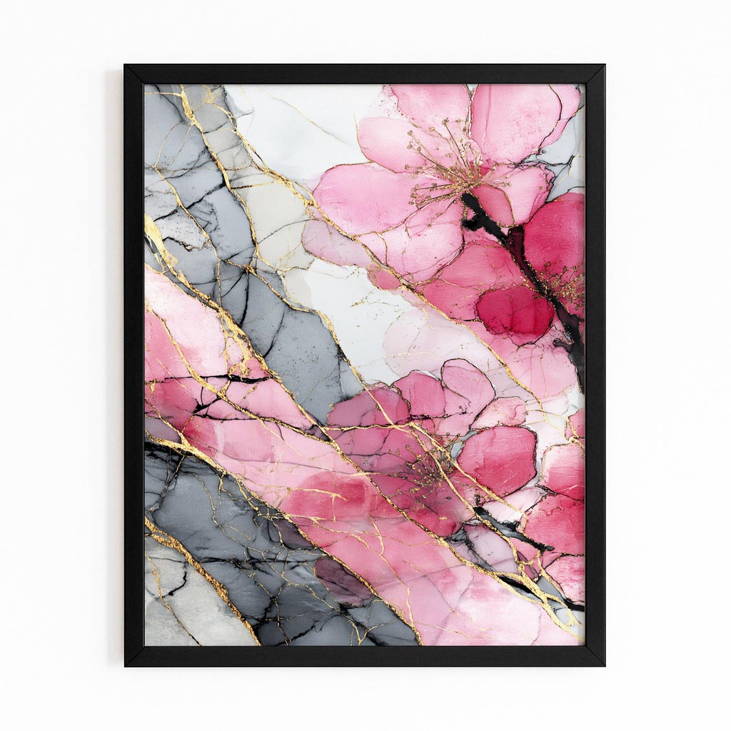 Marble Vein Petals Cherry Blossom Canvas – with Premium Black frame on white background