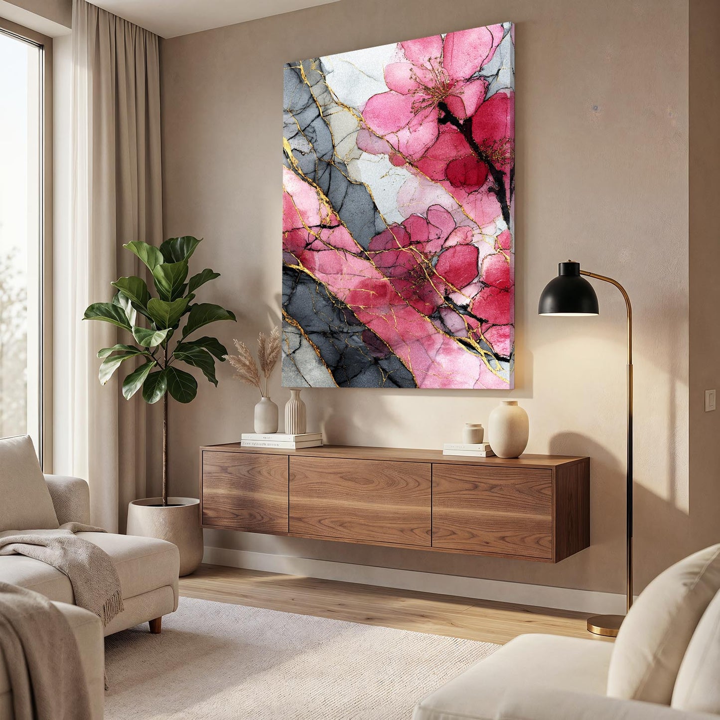 Marble Vein Petals Cherry Blossom Canvas – styled in a furnished interior
