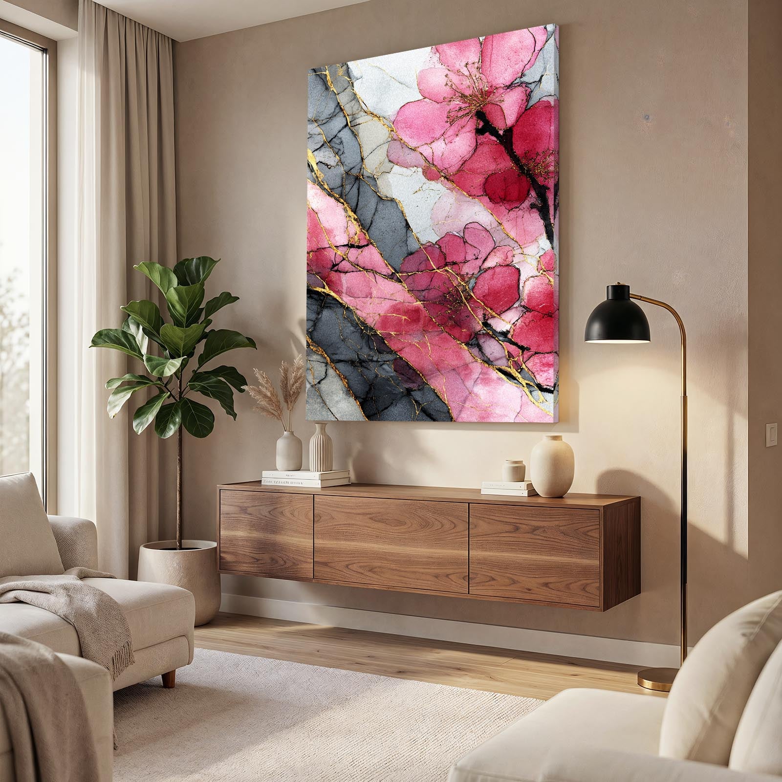 Marble Vein Petals Cherry Blossom Canvas – styled in a furnished interior
