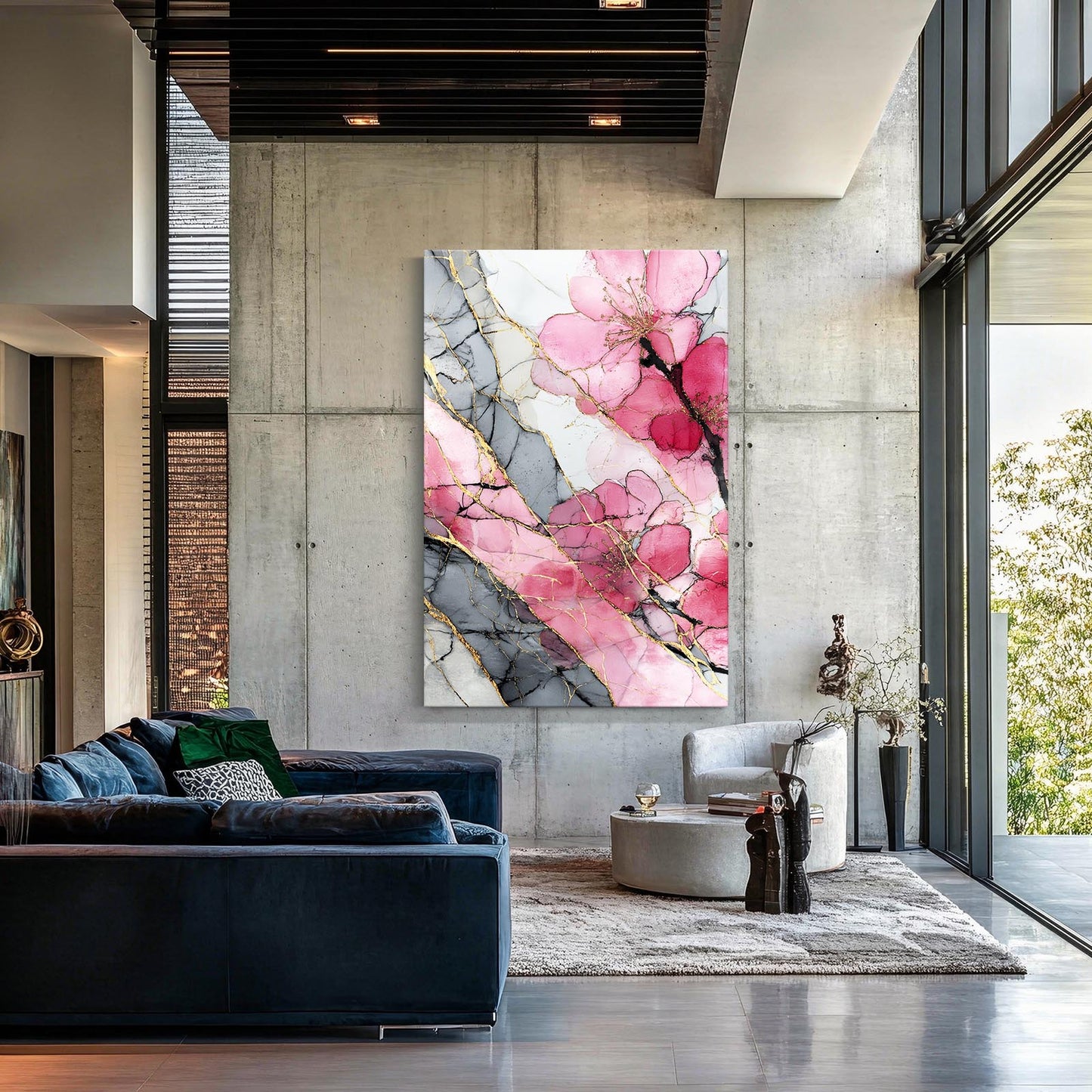 Marble Vein Petals Cherry Blossom Canvas – styled in a furnished interior