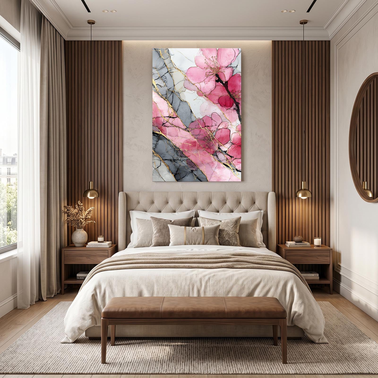 Marble Vein Petals Cherry Blossom Canvas – styled in a furnished interior