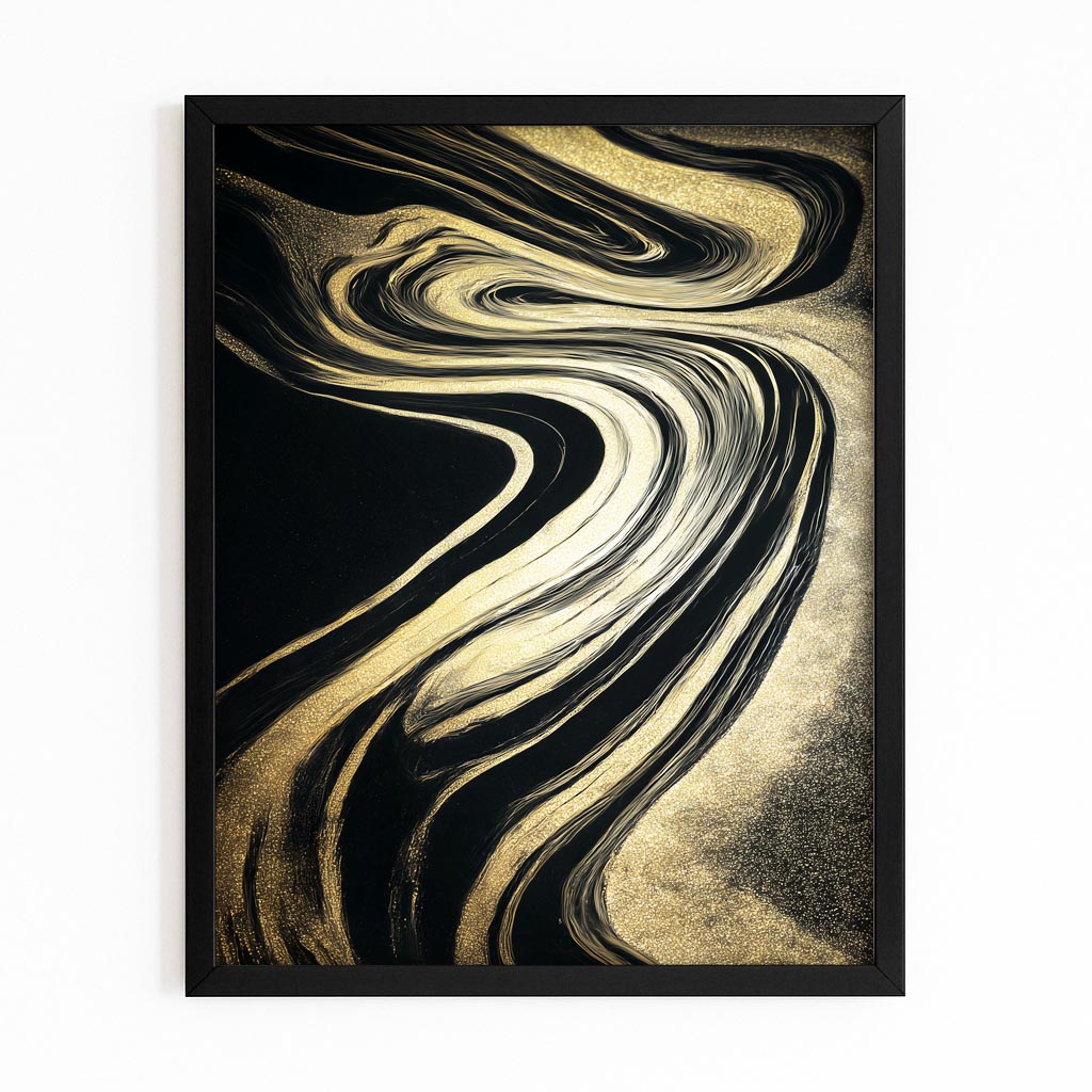 Marbled Gold Current Canvas Art – with Premium Black frame on white background