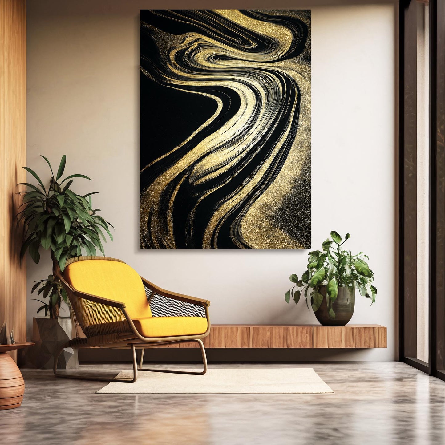 Marbled Gold Current Canvas Art – styled in a furnished interior