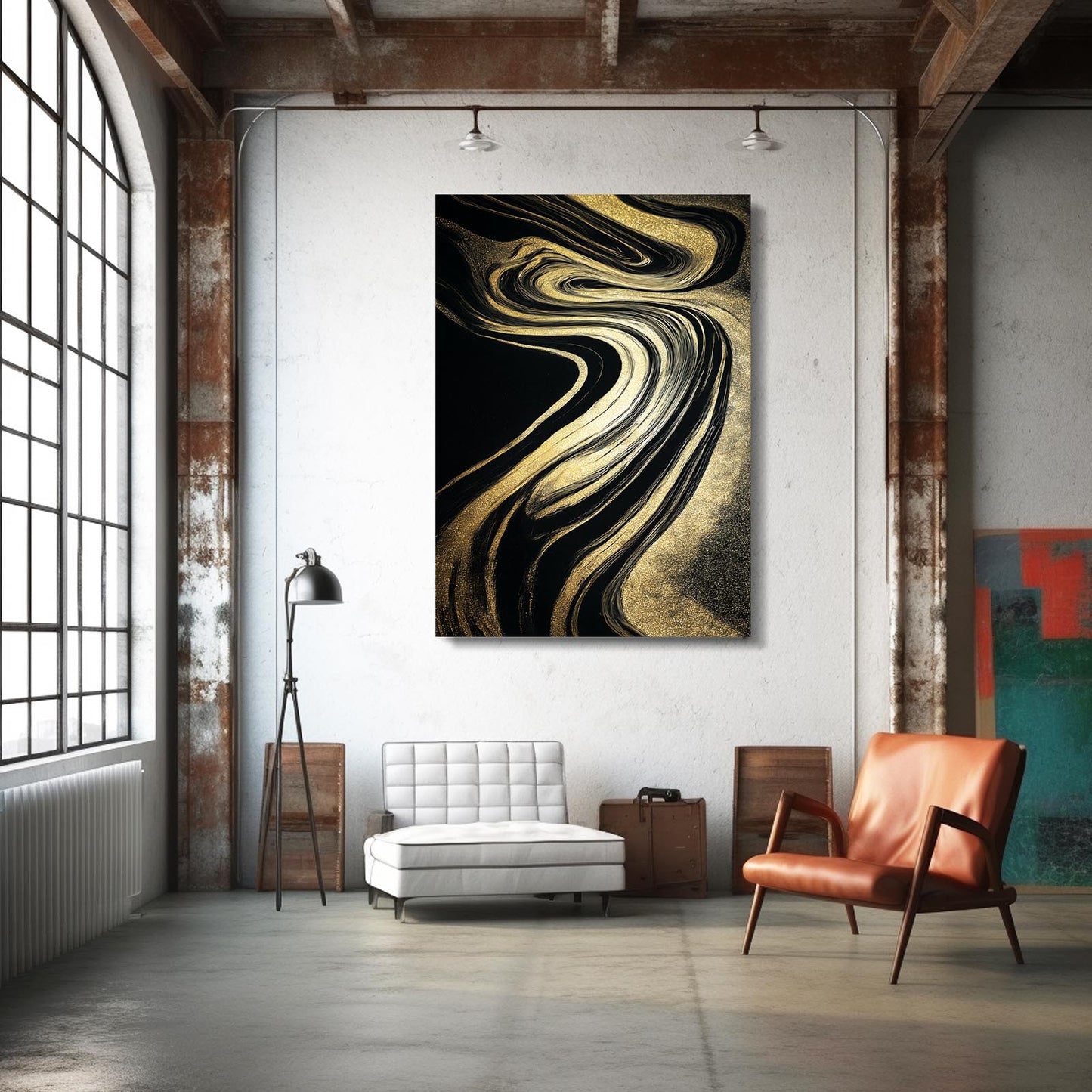 Marbled Gold Current Canvas Art – styled in a furnished interior