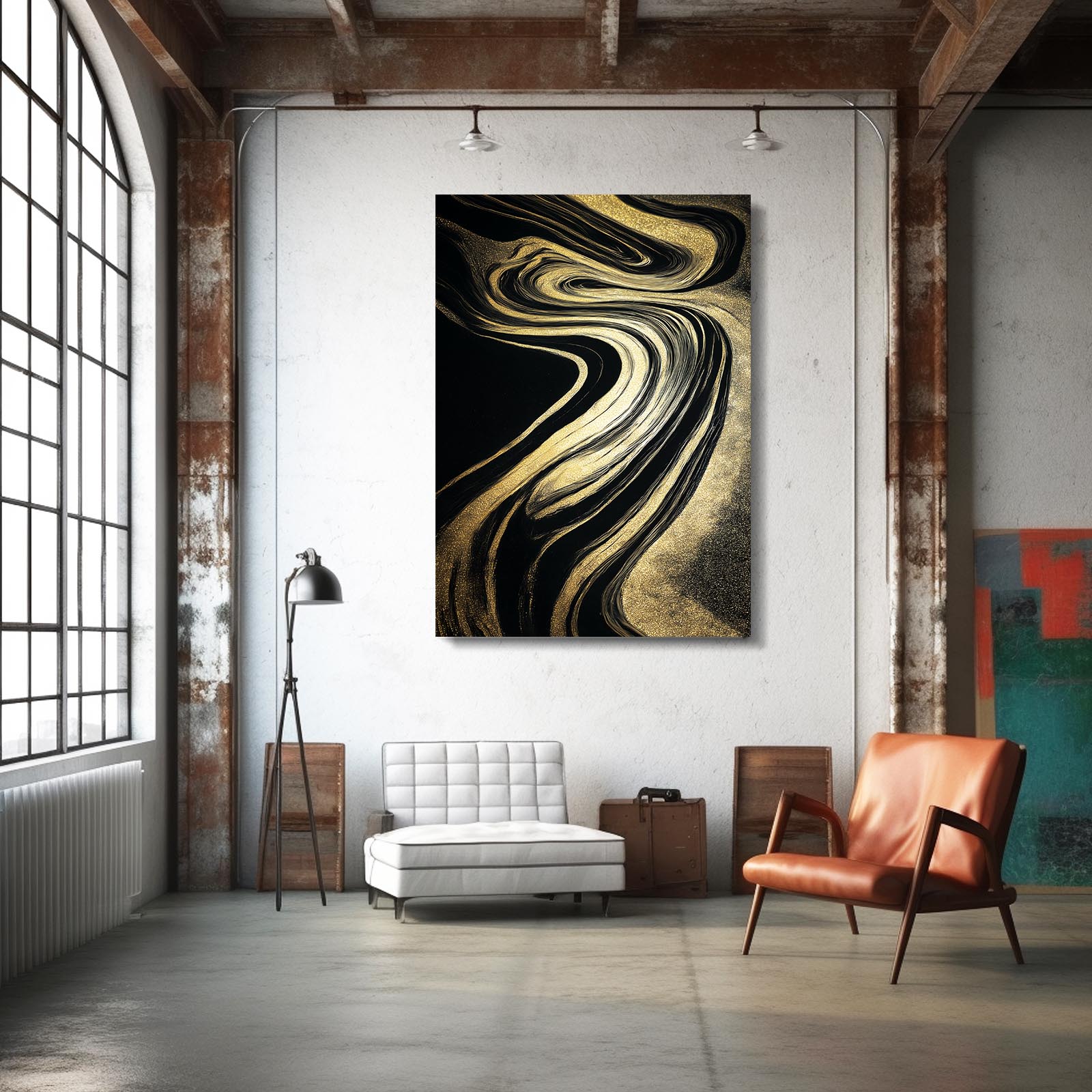 Marbled Gold Current Canvas Art – styled in a furnished interior