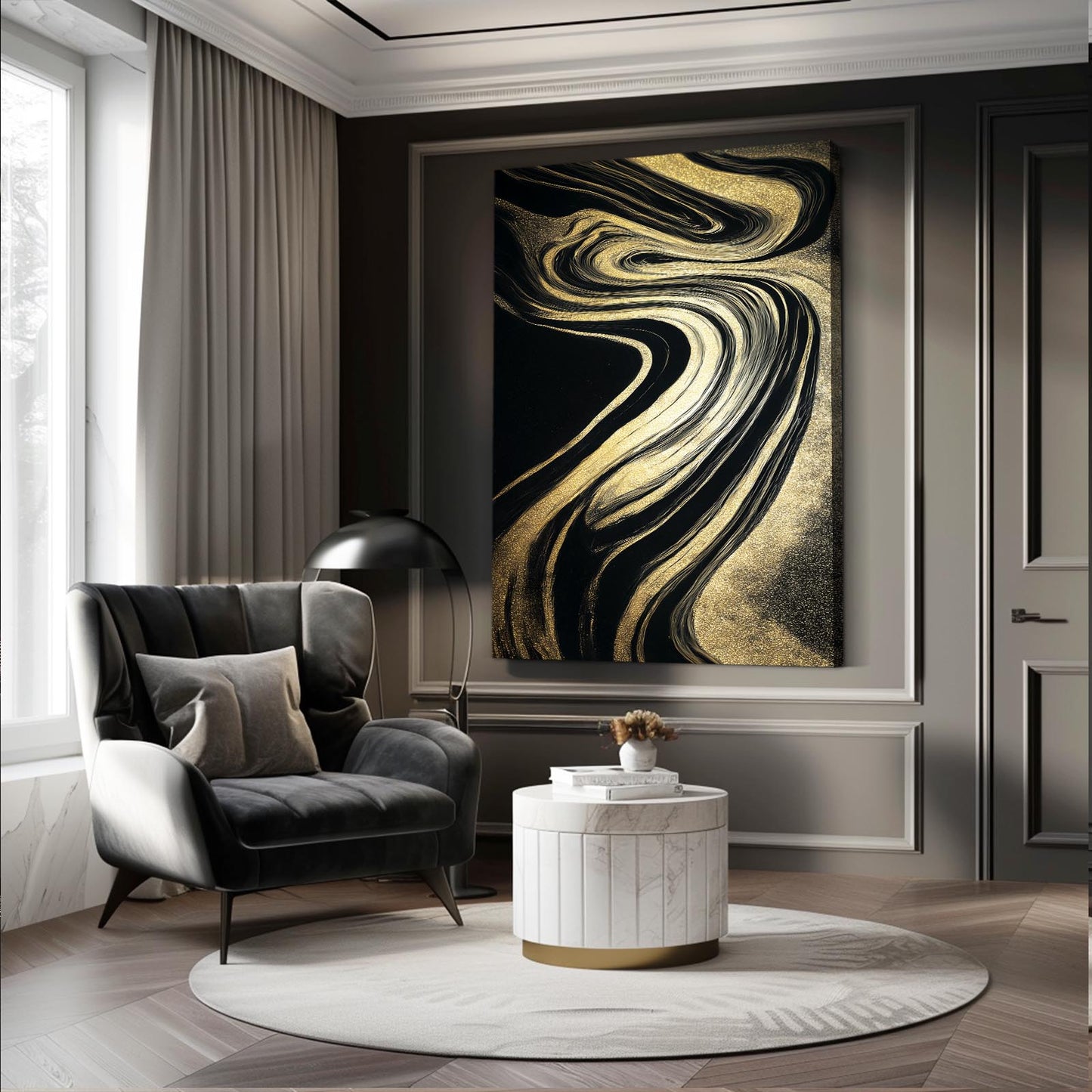 Marbled Gold Current Canvas Art – styled in a furnished interior
