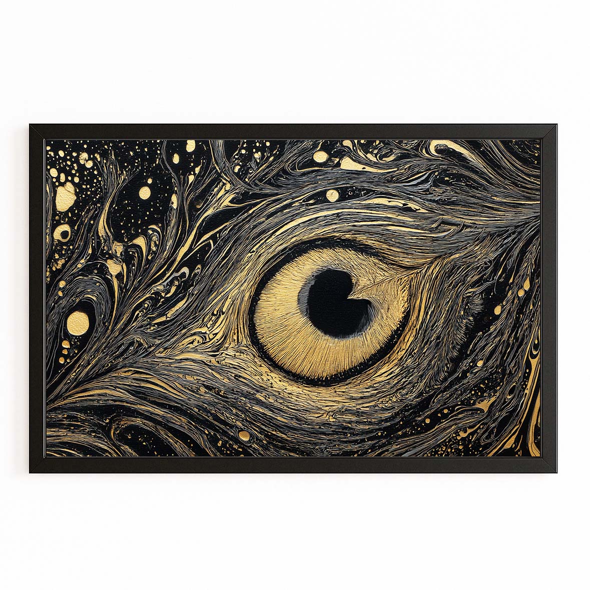 Marbled Peacock Eye Gold Wall Art – with Premium Black frame on white background