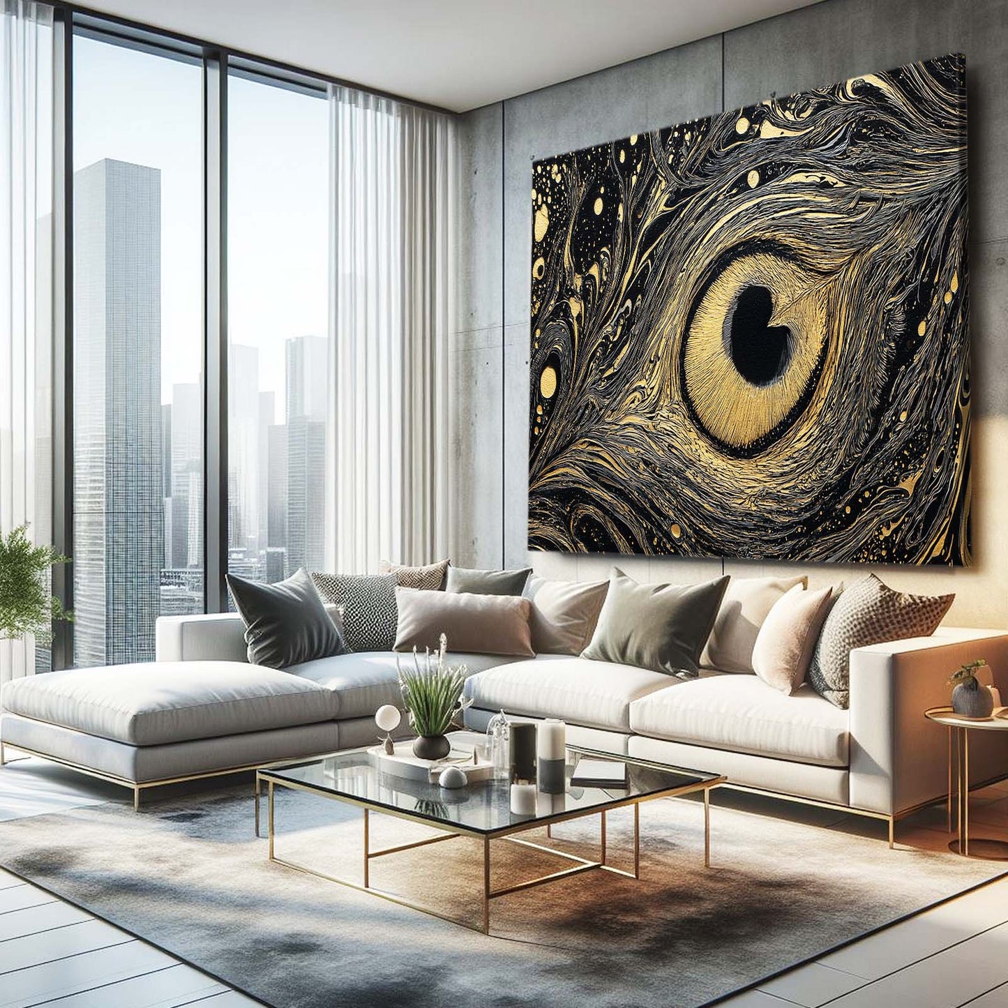 Marbled Peacock Eye Gold Wall Art – styled in a furnished interior