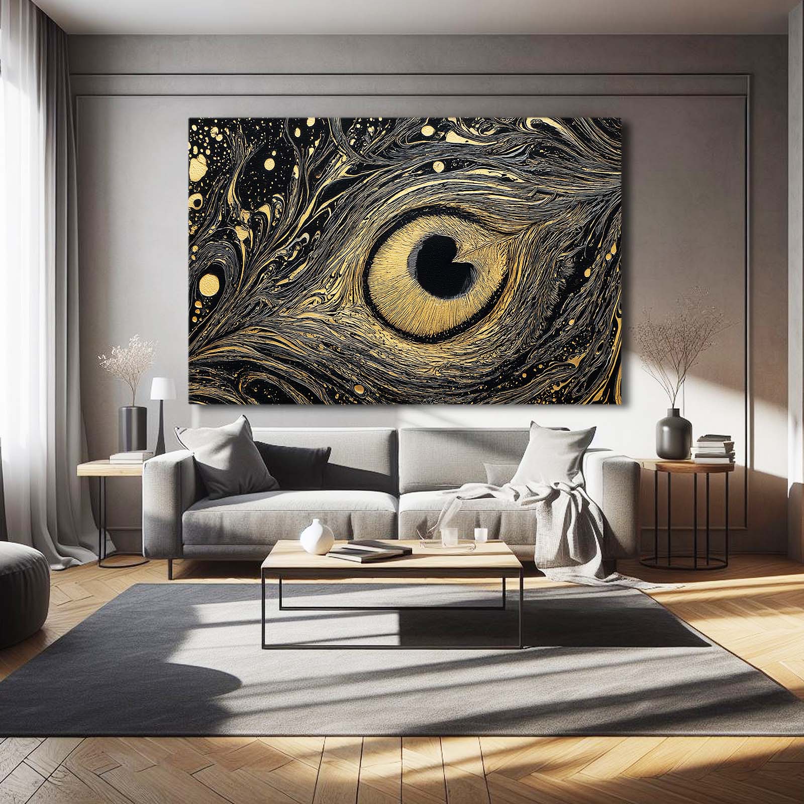 Marbled Peacock Eye Gold Wall Art – styled in a furnished interior