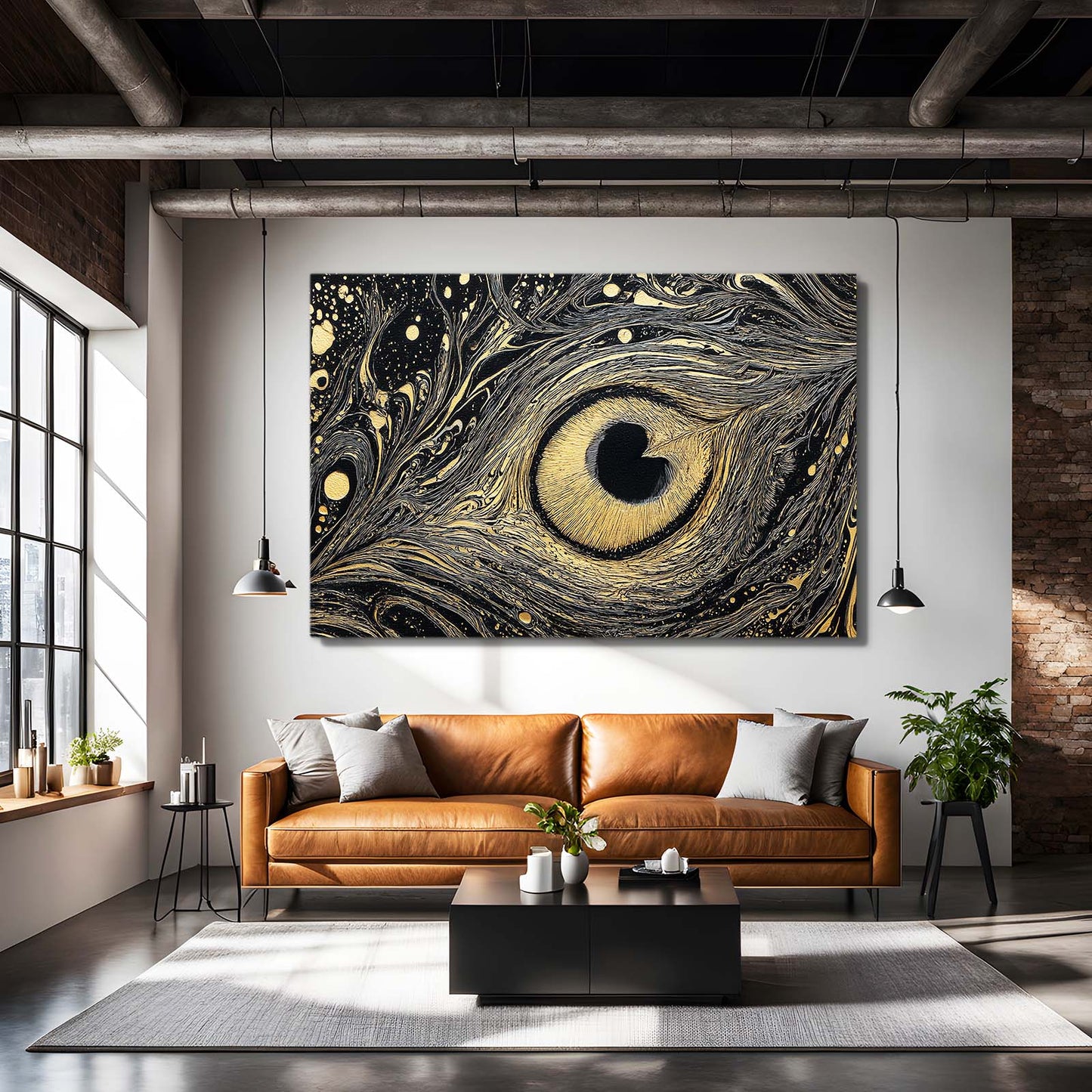 Marbled Peacock Eye Gold Wall Art – styled in a furnished interior