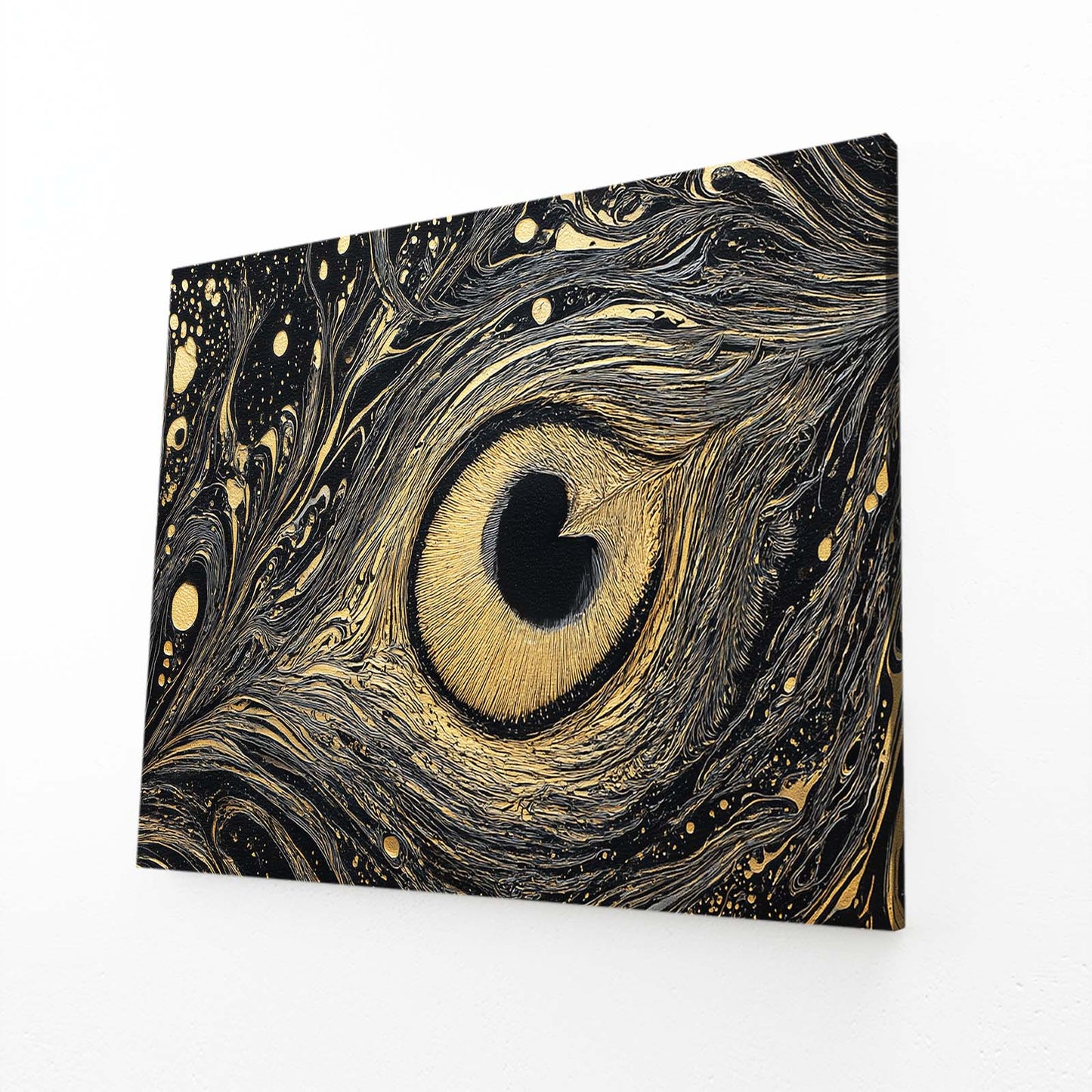 Marbled Peacock Eye Gold Wall Art – angled canvas view on white background