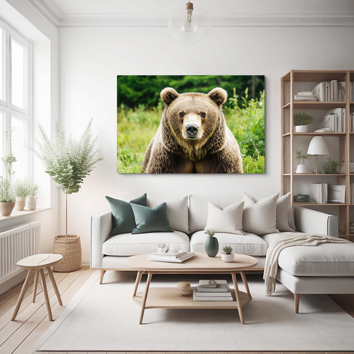 Meadow Photo Grizzly Bear Art — photography canvas print, styled in a furnished interior
