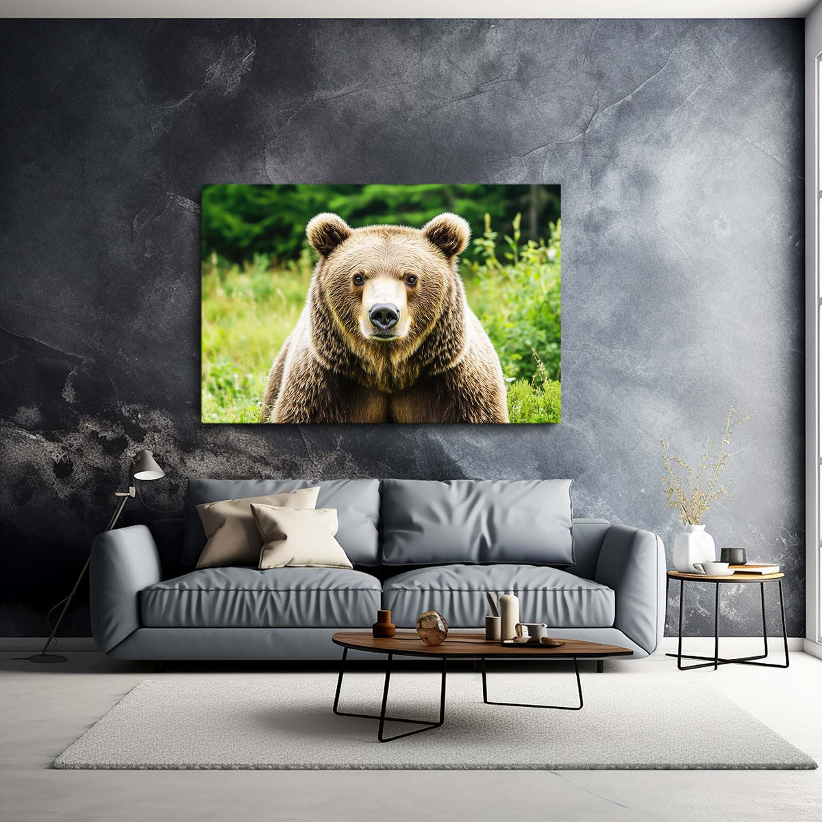Meadow Photo Grizzly Bear Art — photography canvas print, styled in a furnished interior