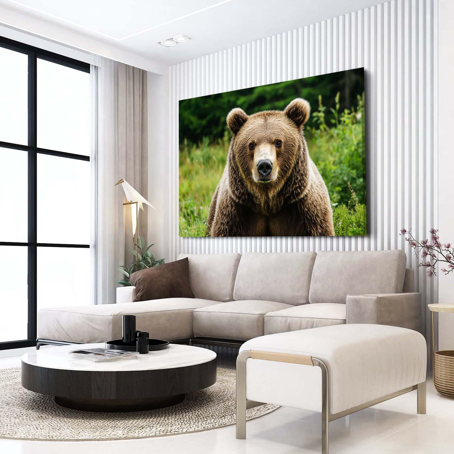 Meadow Photo Grizzly Bear Art — photography canvas print, styled in a furnished interior