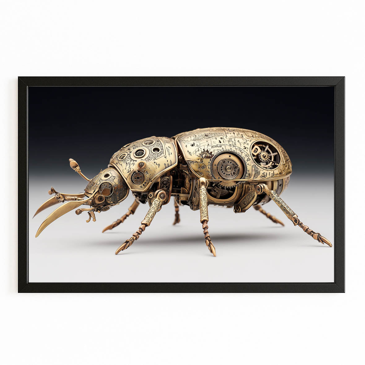Mechanical Brass Beetle Steampunk Canvas – with Premium Black frame on white background