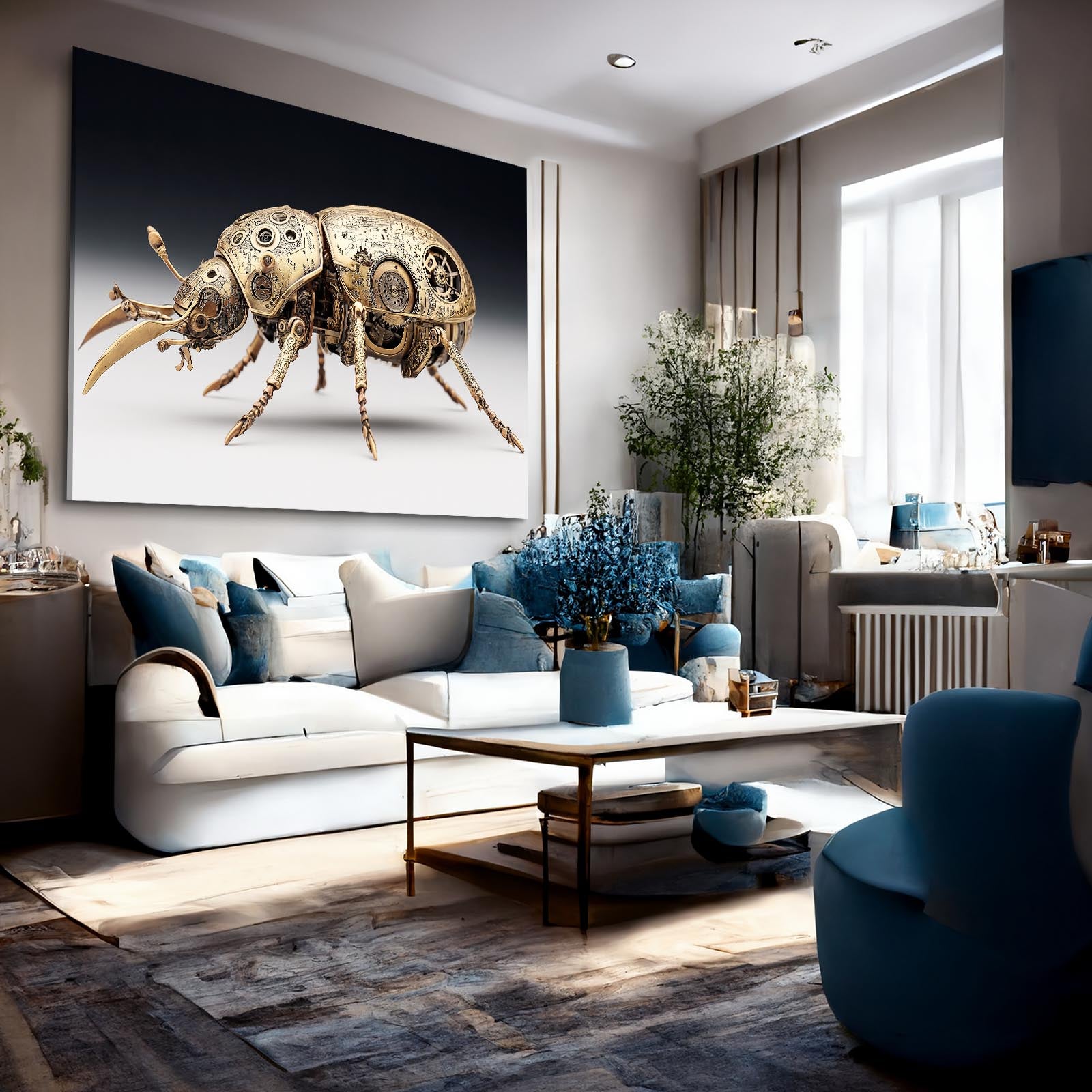 Mechanical Brass Beetle Steampunk Canvas – styled in a furnished interior