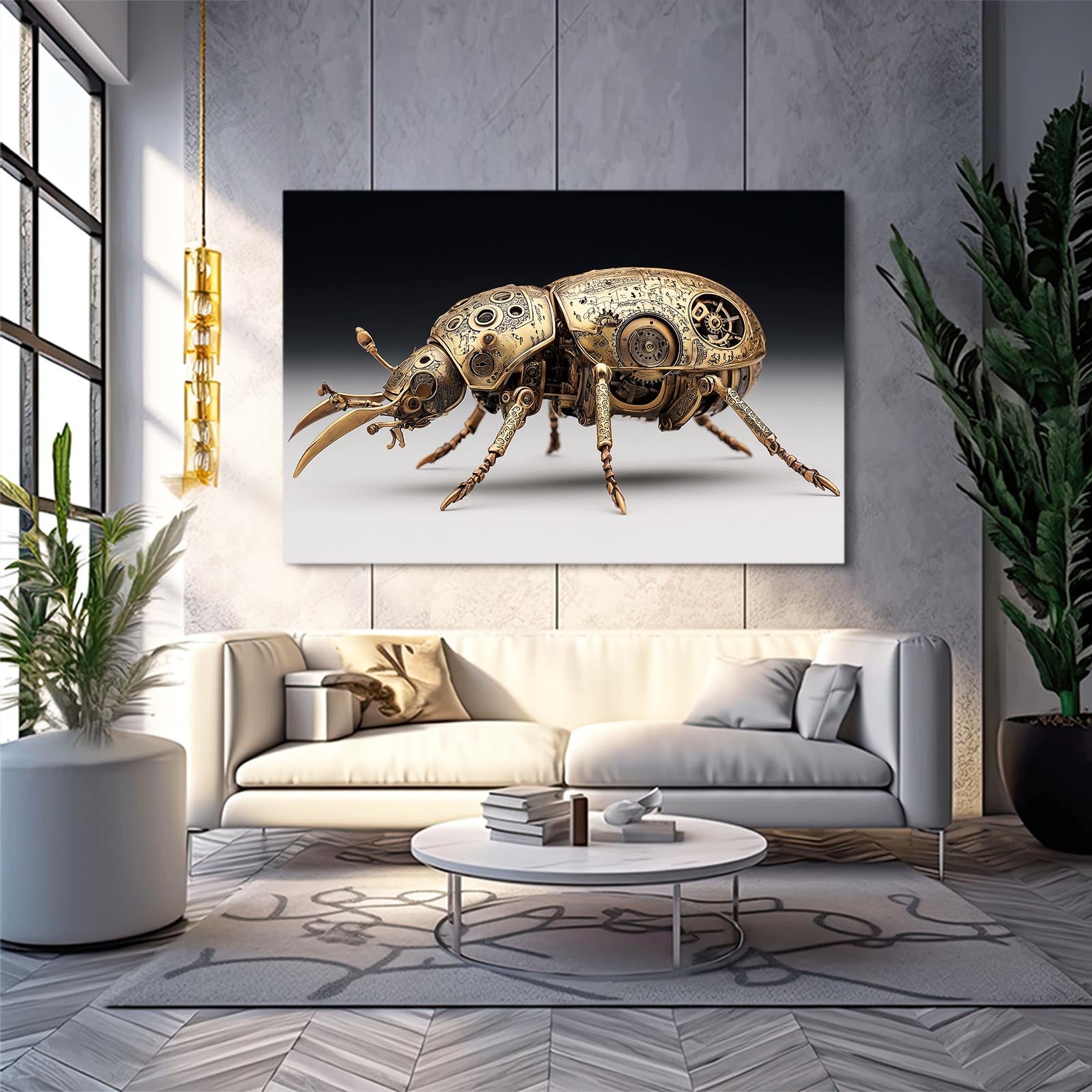 Mechanical Brass Beetle Steampunk Canvas – styled in a furnished interior