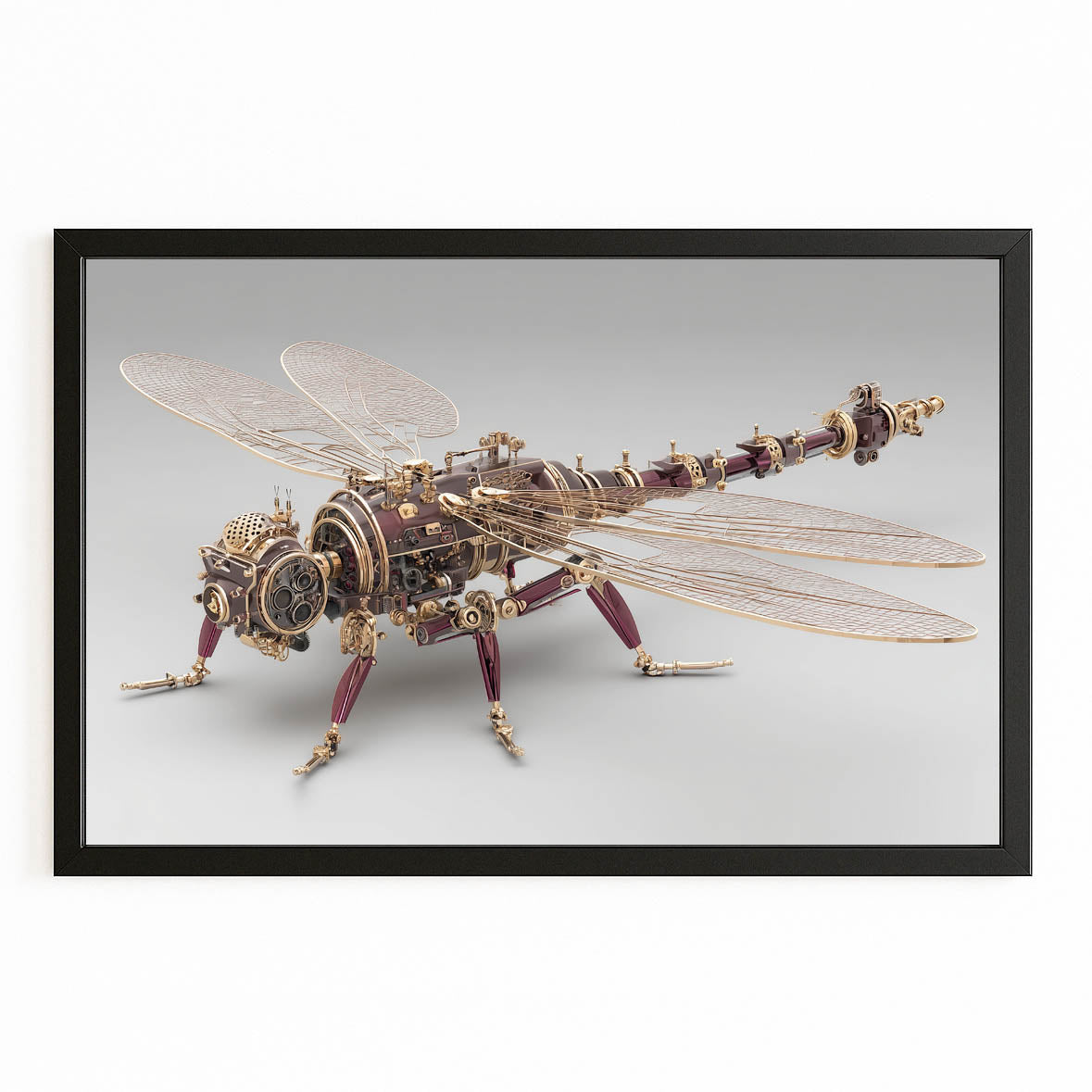 Mechanical Brass Dragonfly Steampunk Wall Art – with Premium Black frame on white background
