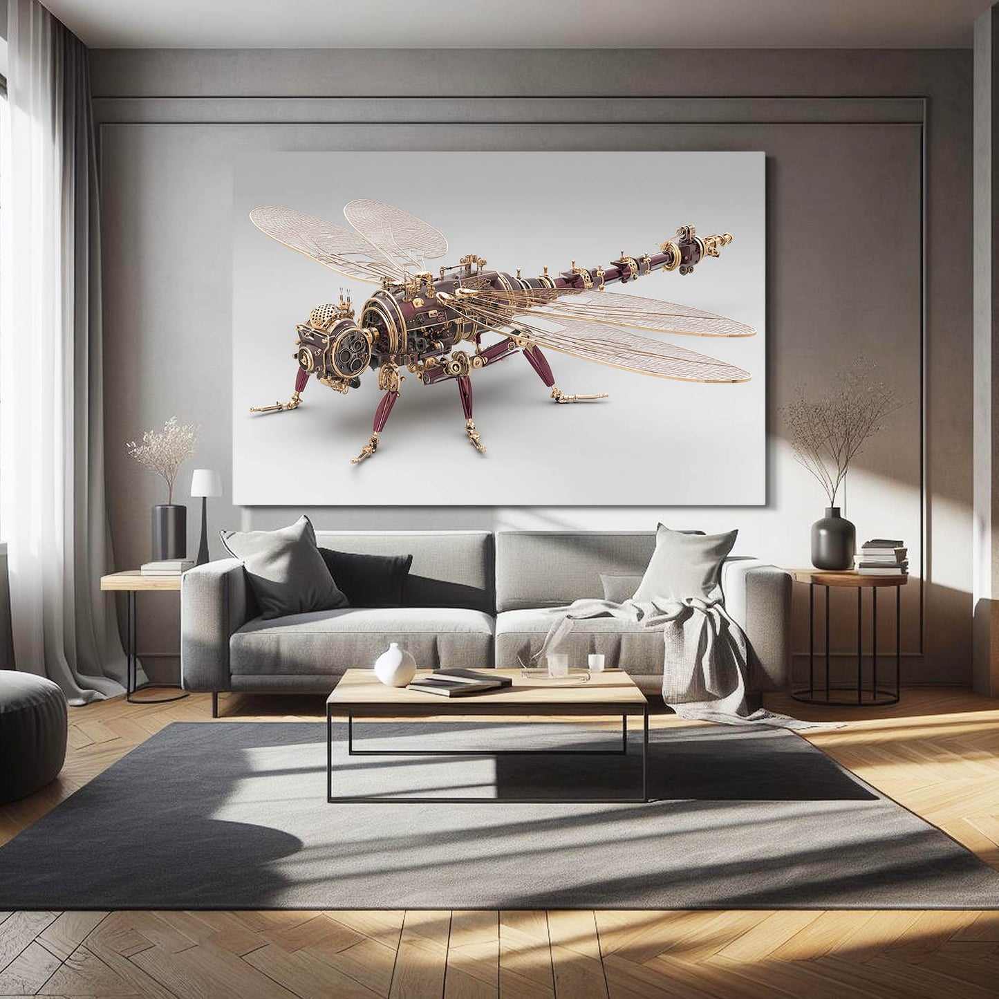 Mechanical Brass Dragonfly Steampunk Wall Art – styled in a furnished interior
