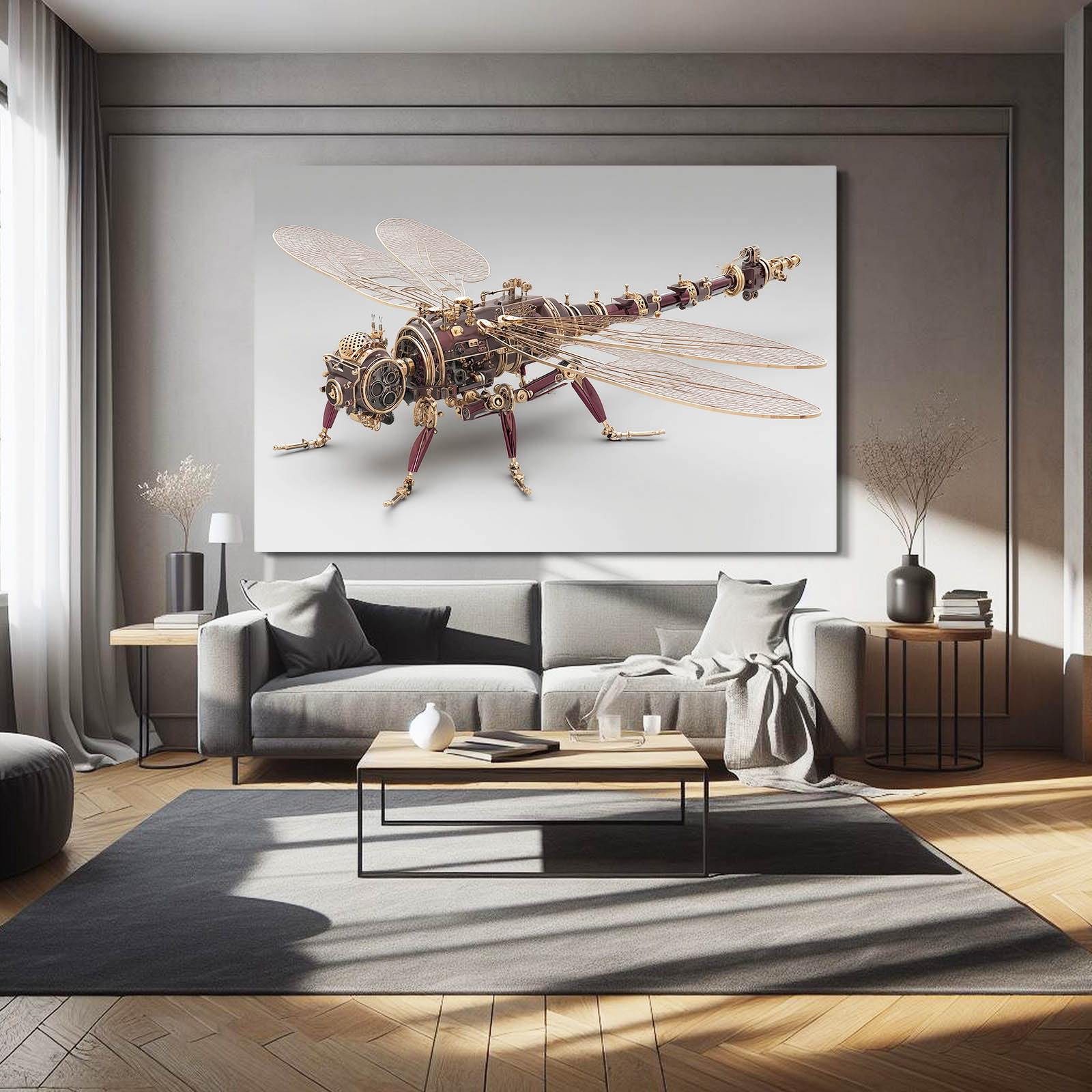 Mechanical Brass Dragonfly Steampunk Wall Art – styled in a furnished interior