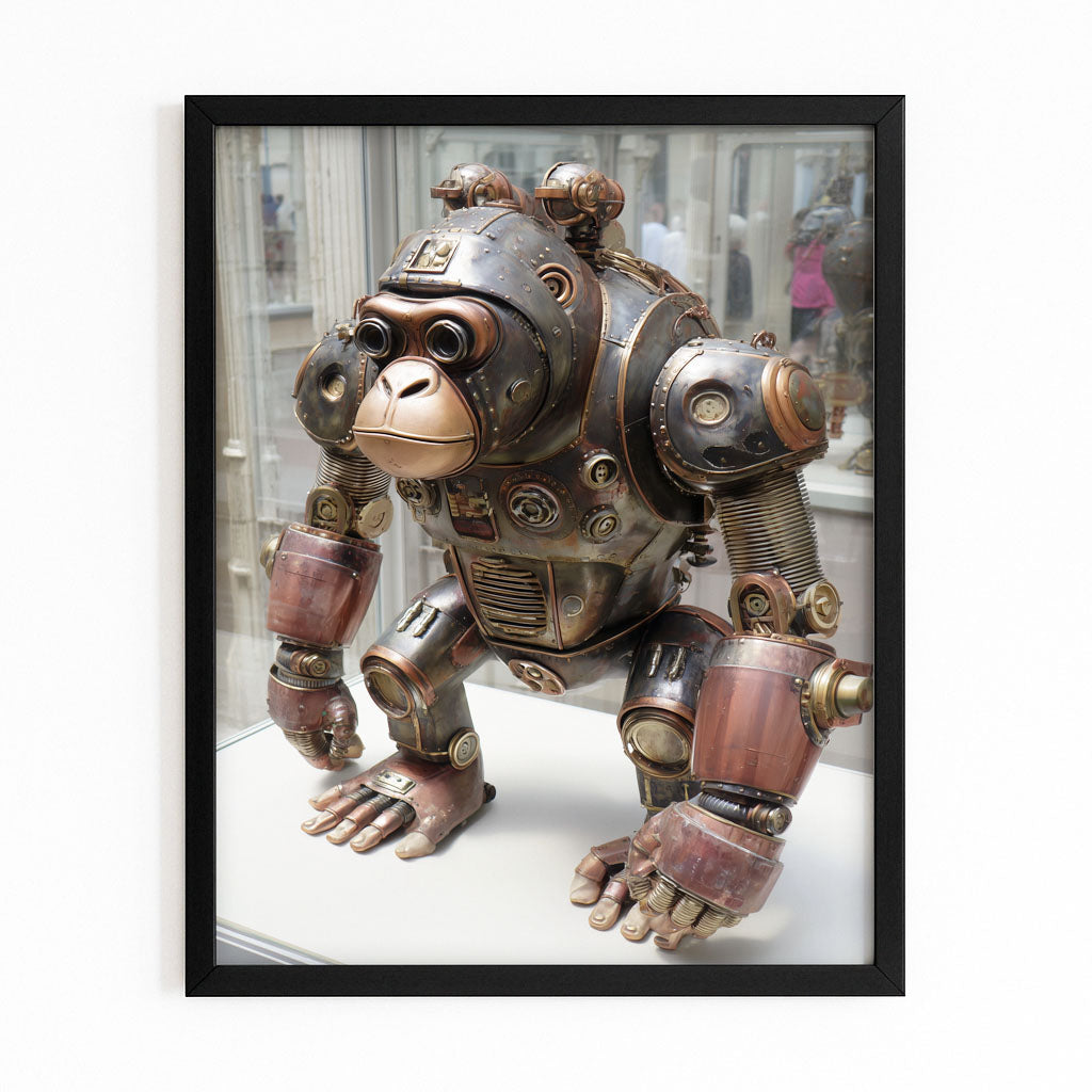 Mechanical Brass Gorilla Steampunk Art – with Premium Black frame on white background