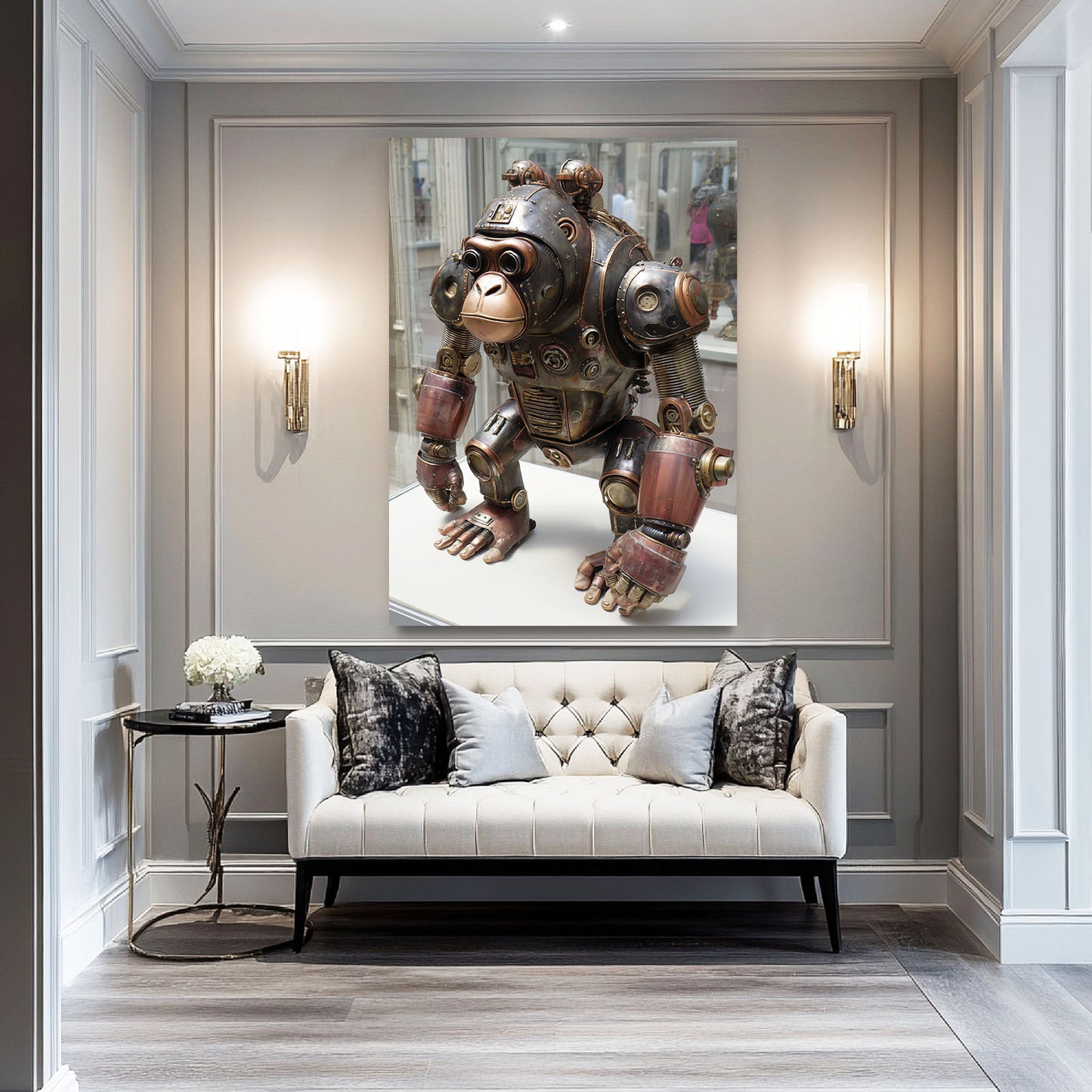 Mechanical Brass Gorilla Steampunk Art – styled in a furnished interior