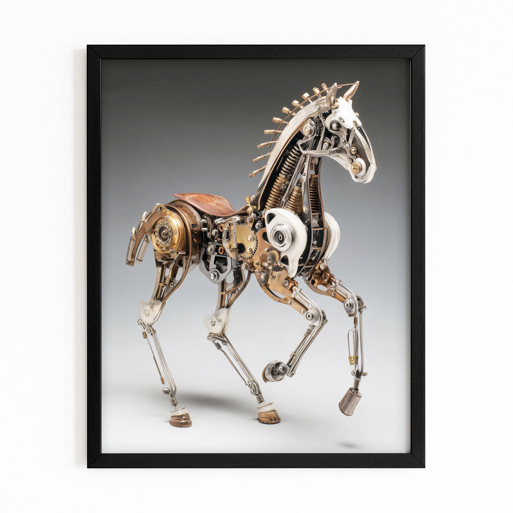 Mechanical Brass Horse Steampunk Prints – with Premium Black frame on white background