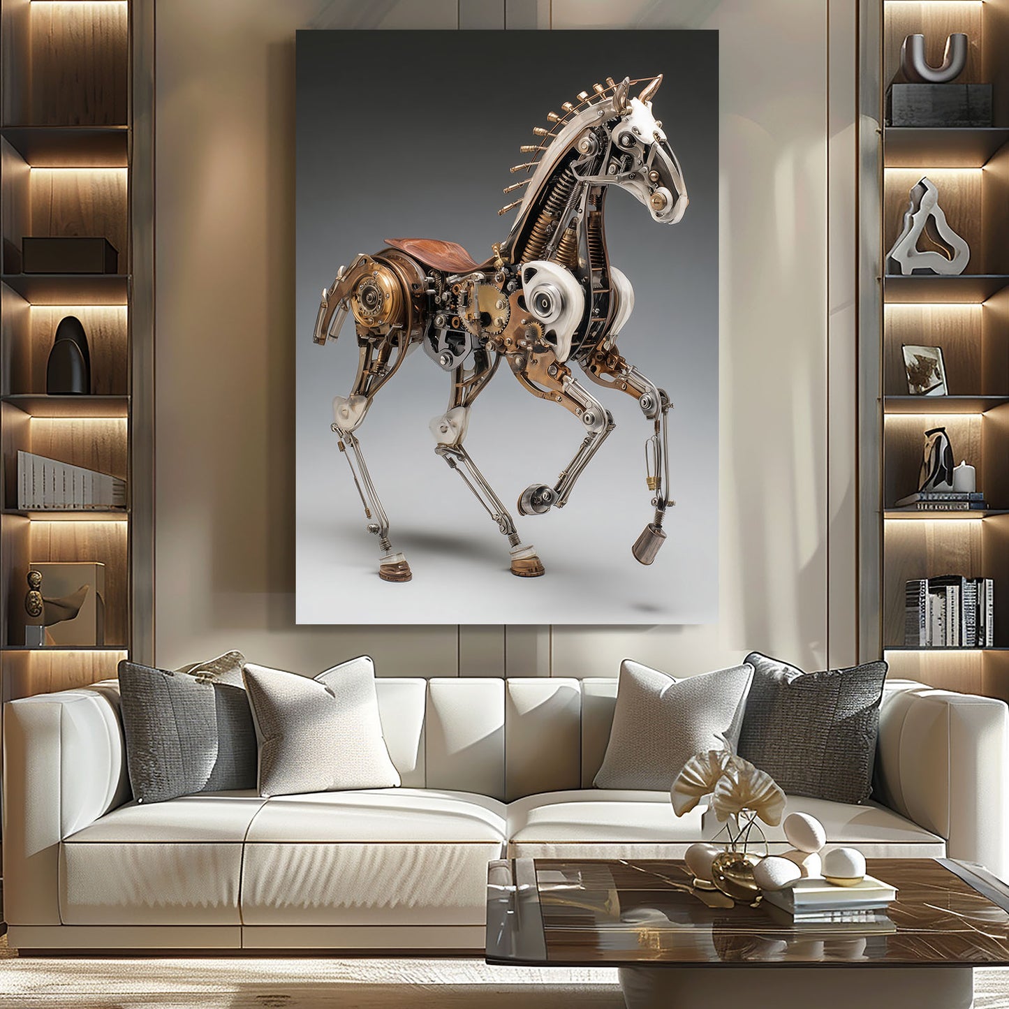 Mechanical Brass Horse Steampunk Prints – styled in a furnished interior
