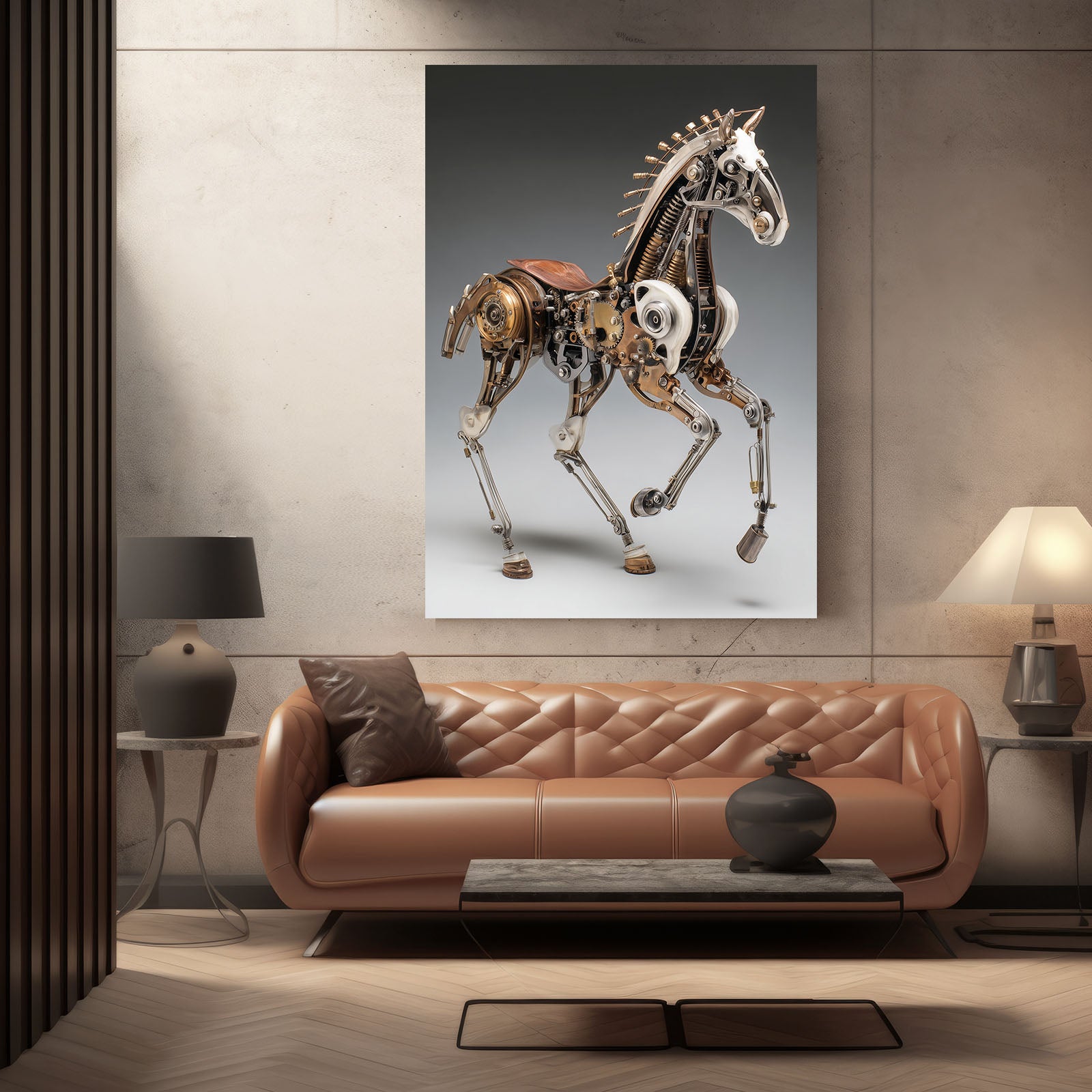 Mechanical Brass Horse Steampunk Prints – styled in a furnished interior
