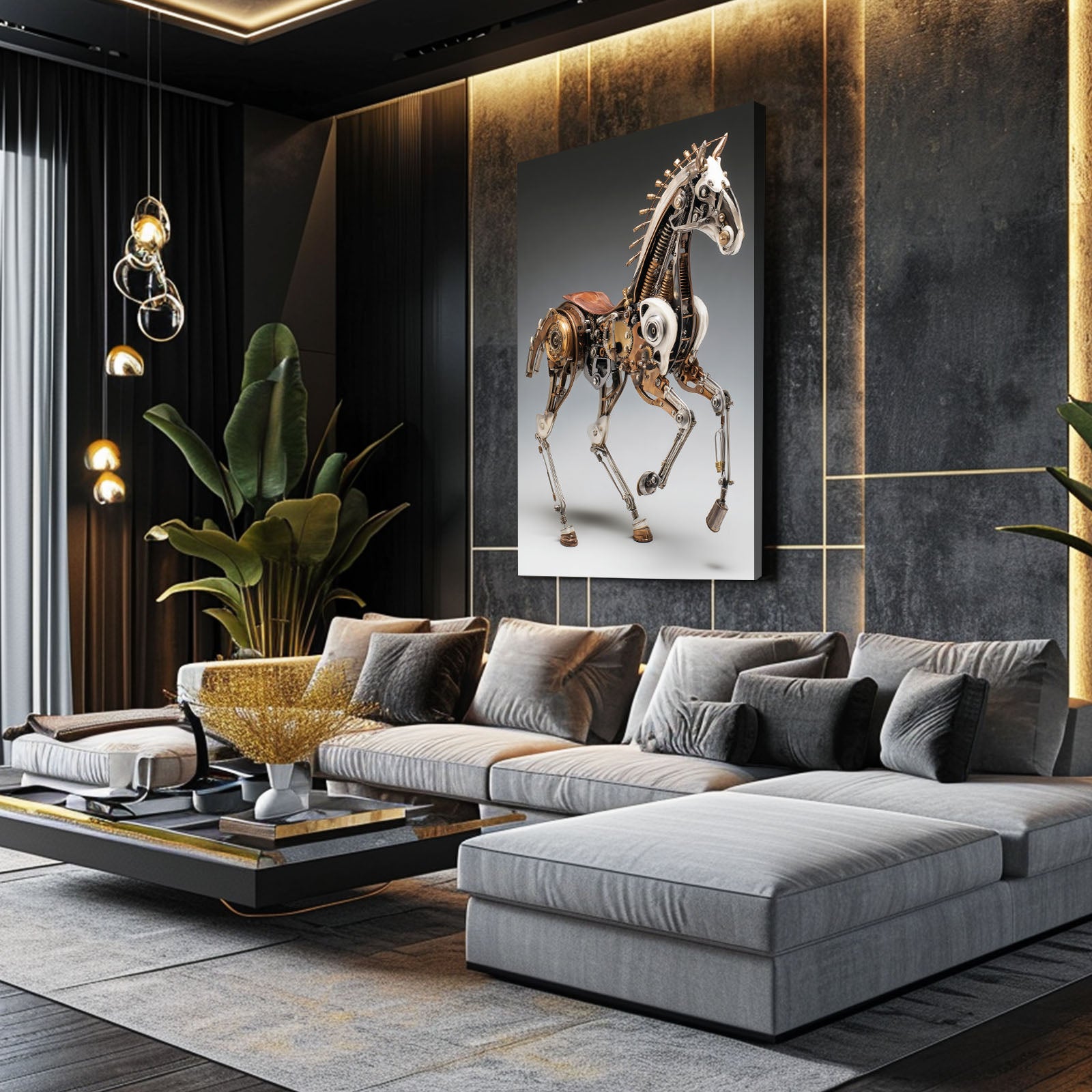 Mechanical Brass Horse Steampunk Prints – styled in a furnished interior