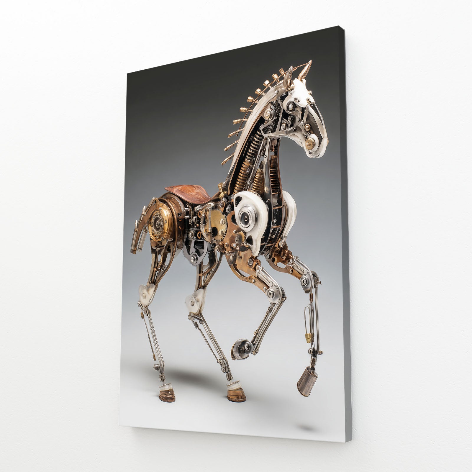 Mechanical Brass Horse Steampunk Prints – angled canvas view on white background