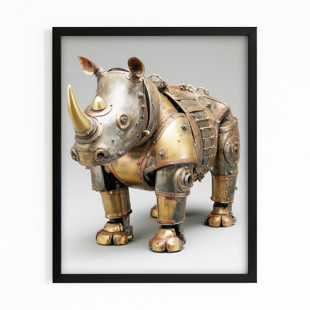 Mechanical Brass Rhino Steampunk Prints – with Premium Black frame on white background