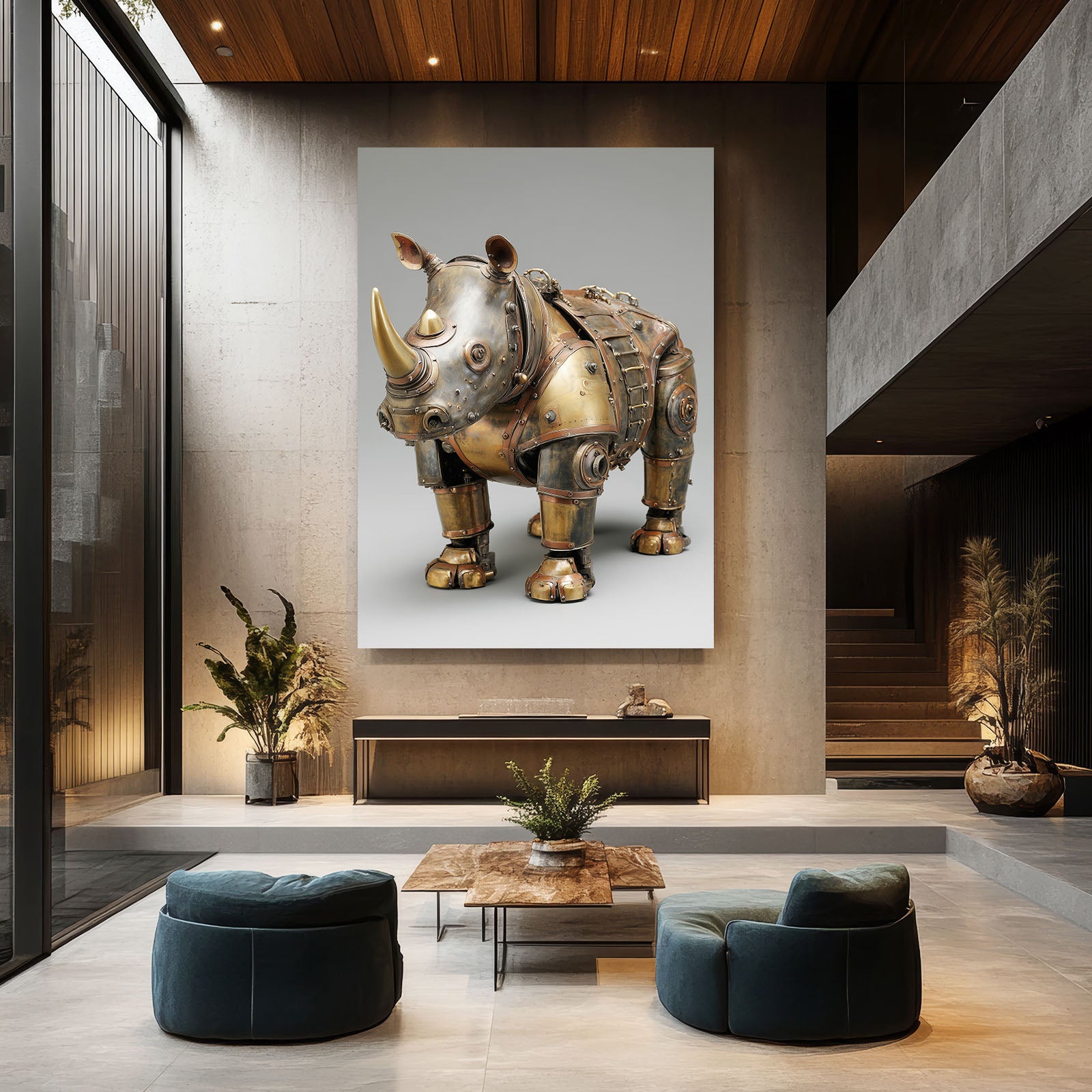 Mechanical Brass Rhino Steampunk Prints – styled in a furnished interior