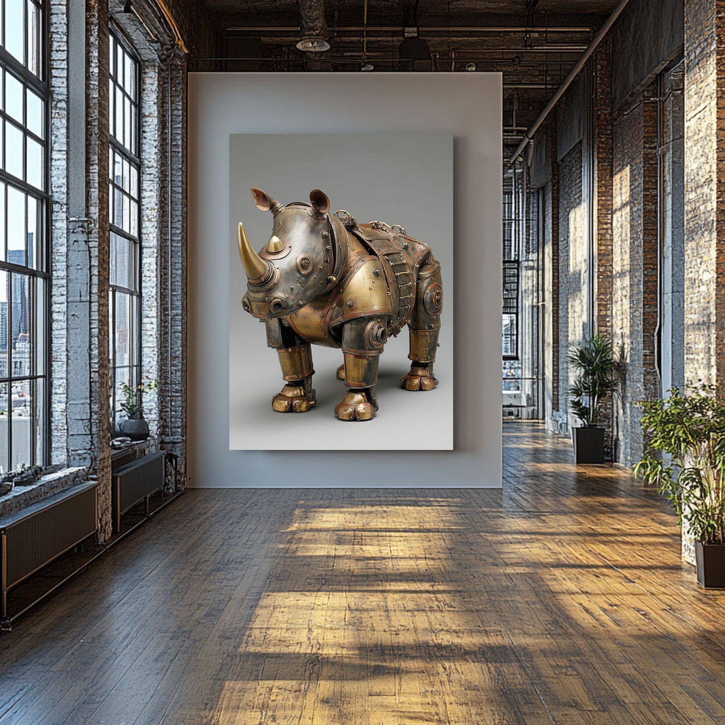 Mechanical Brass Rhino Steampunk Prints – styled in a furnished interior