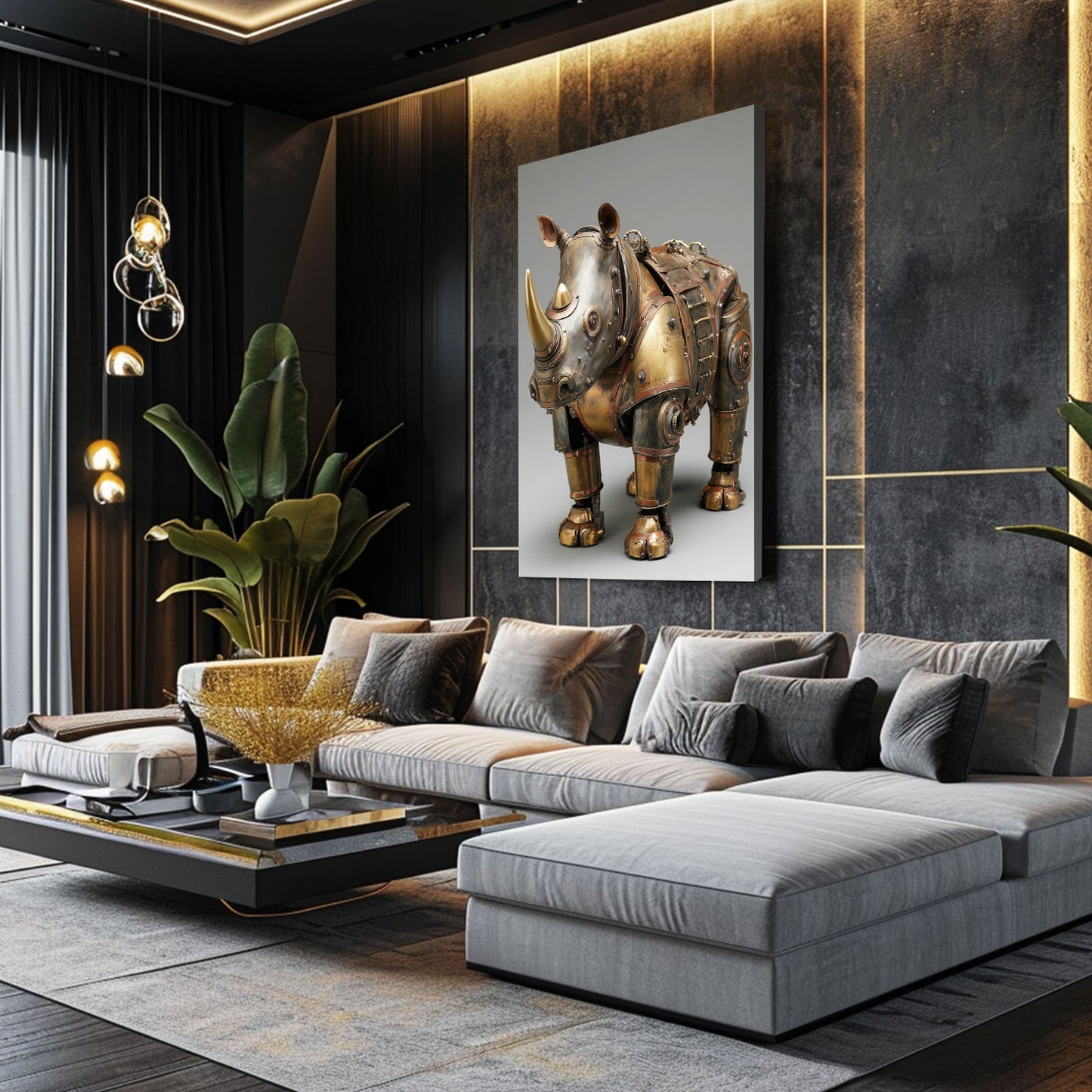 Mechanical Brass Rhino Steampunk Prints – styled in a furnished interior
