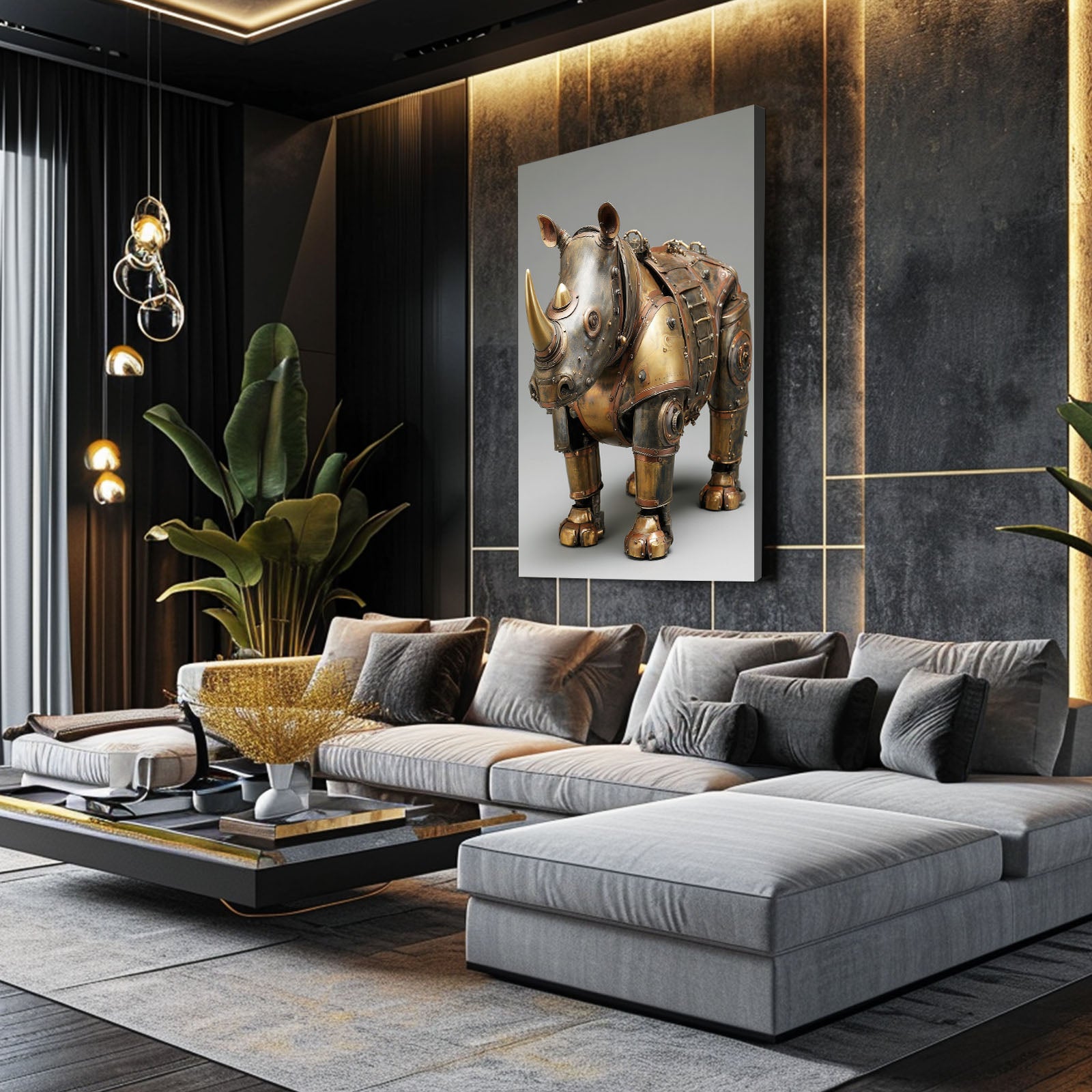 Mechanical Brass Rhino Steampunk Prints – styled in a furnished interior