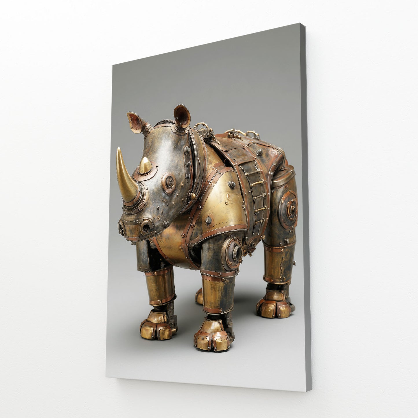 Mechanical Brass Rhino Steampunk Prints – angled canvas view on white background