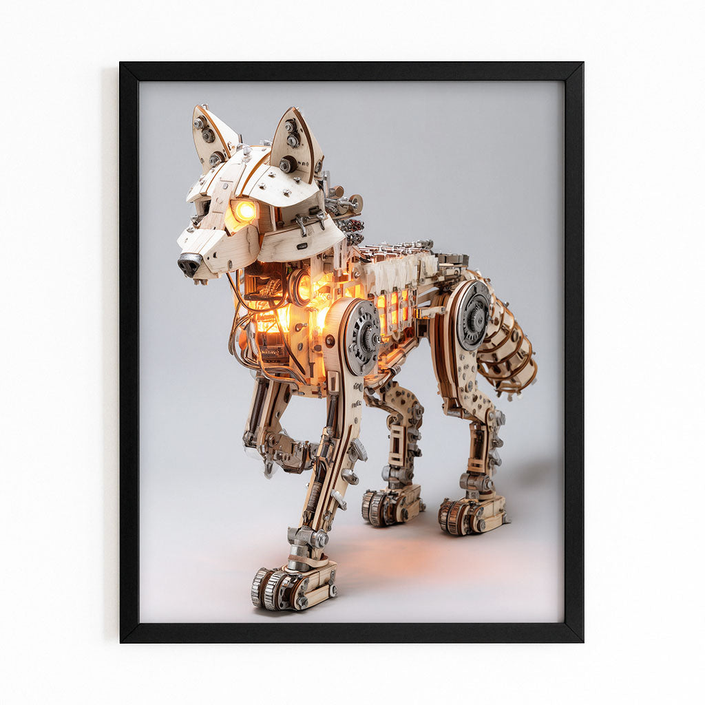 Mechanical Brass Wolf Steampunk Wall Art – with Premium Black frame on white background