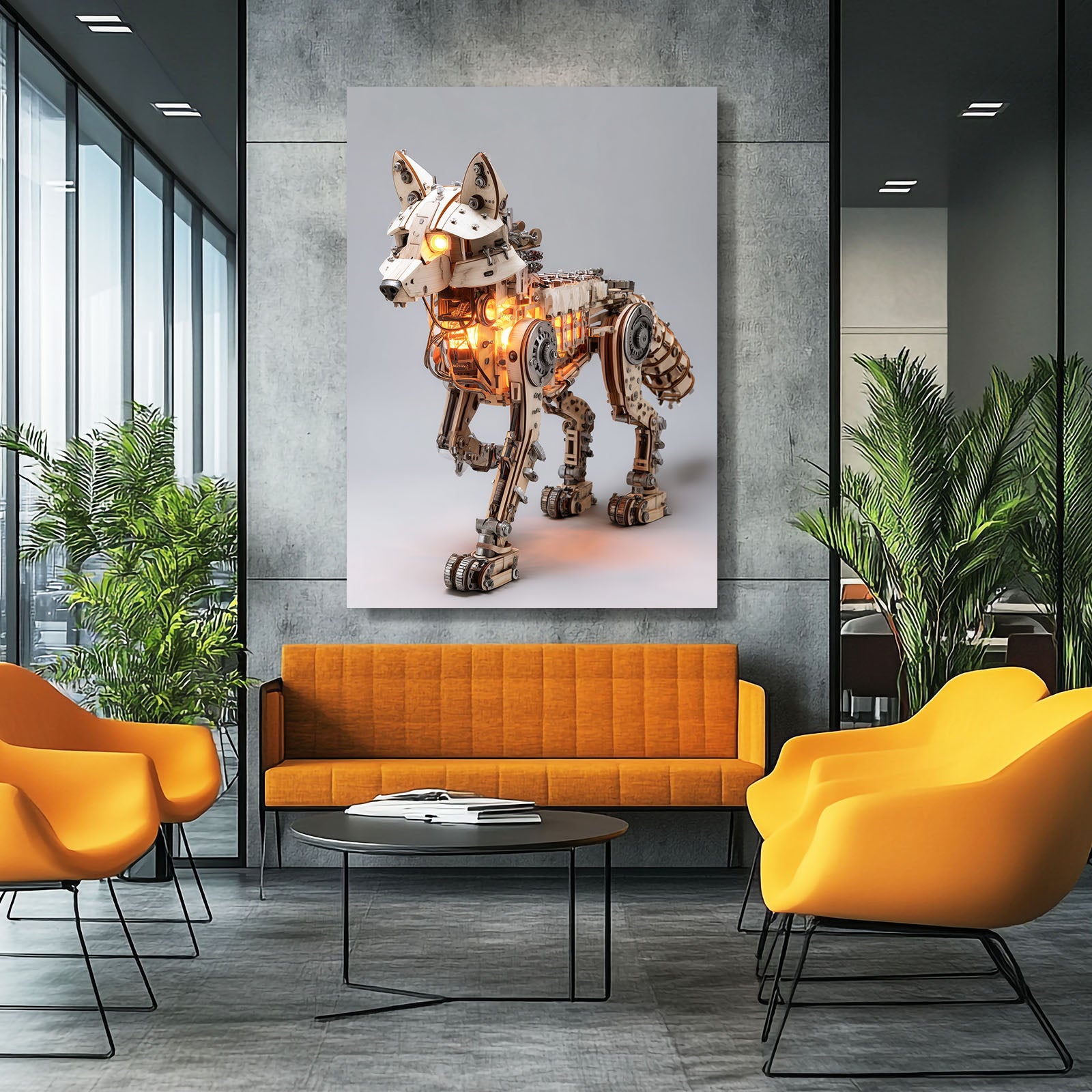 Mechanical Brass Wolf Steampunk Wall Art – styled in a furnished interior