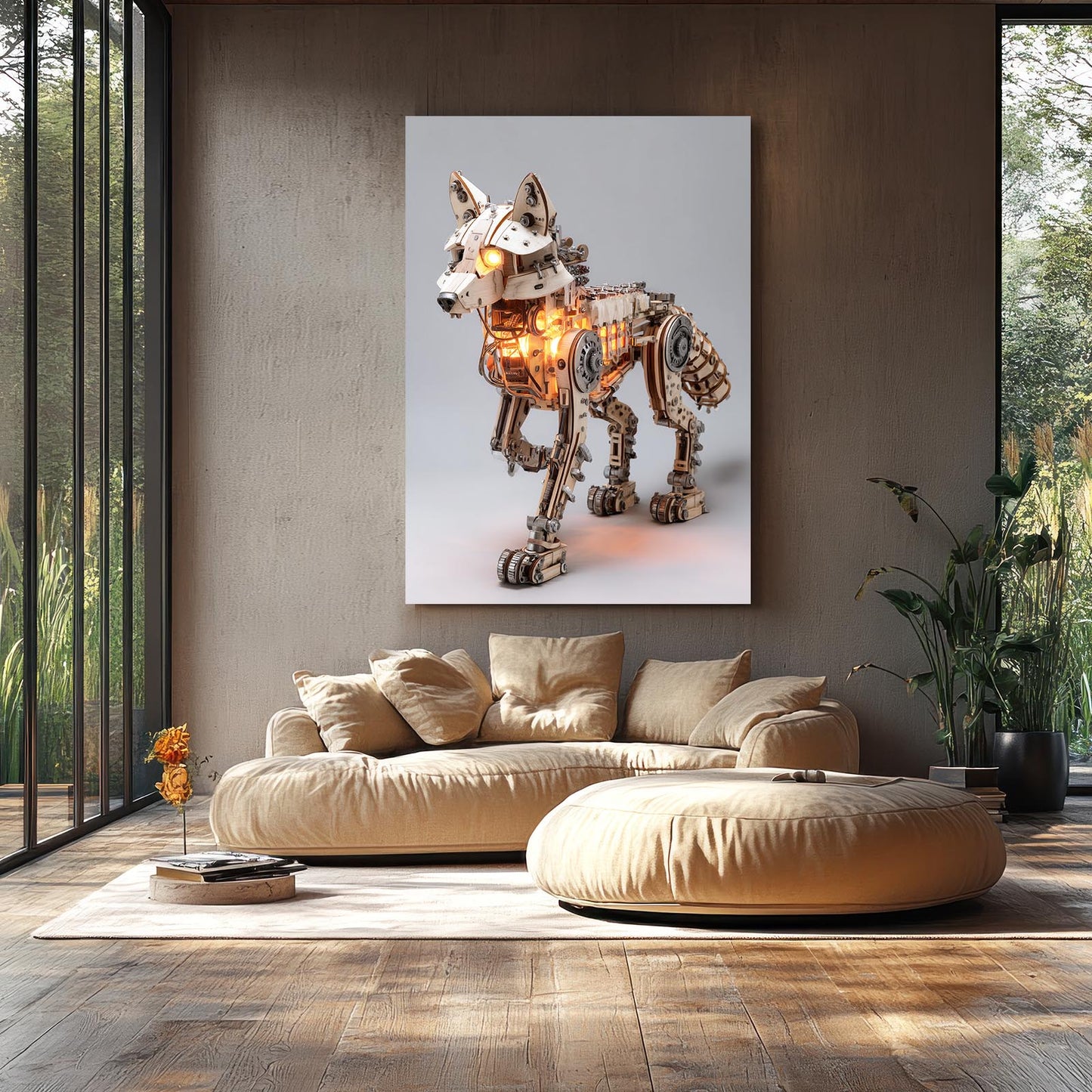 Mechanical Brass Wolf Steampunk Wall Art – styled in a furnished interior