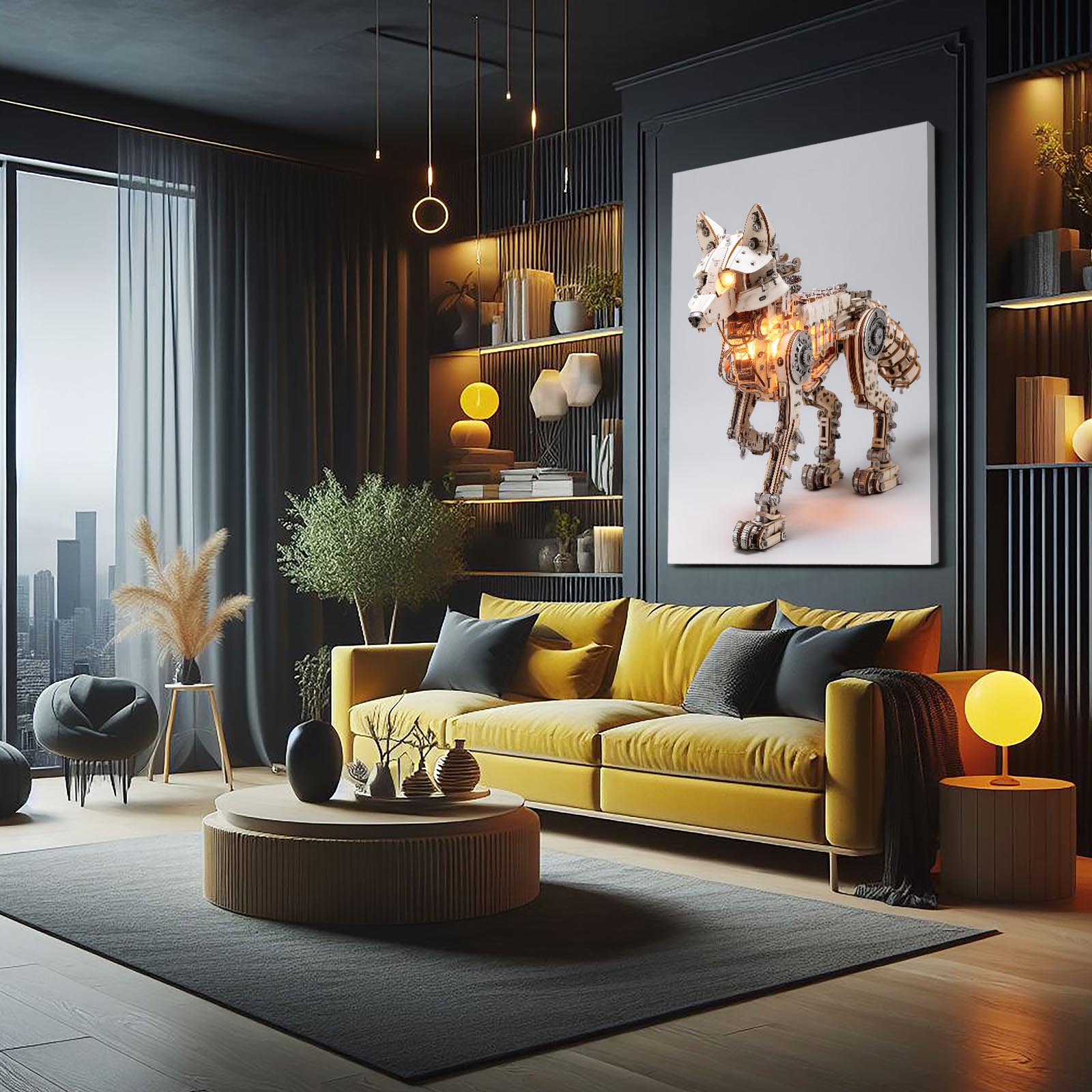 Mechanical Brass Wolf Steampunk Wall Art – styled in a furnished interior